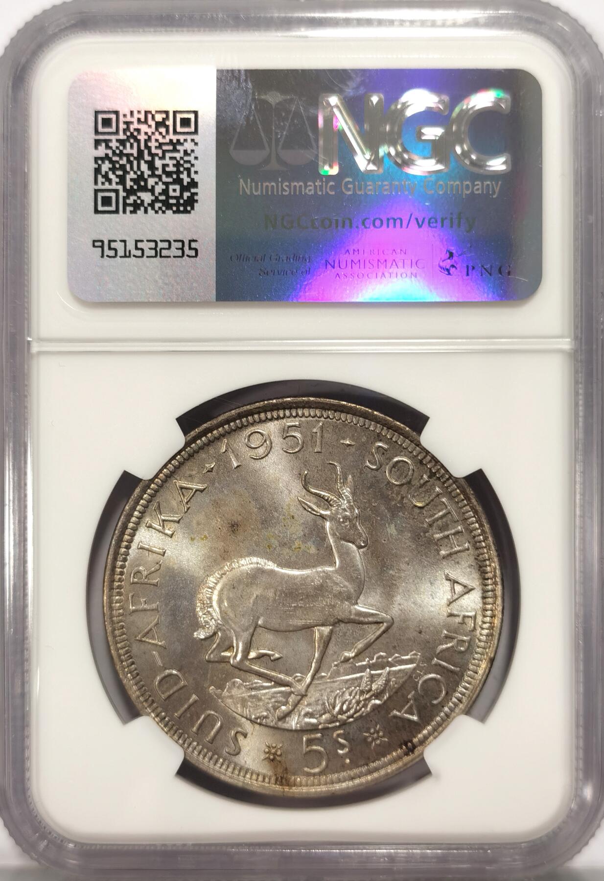 博洋堂世界钱币拍卖第086期（全场包邮） NGC PL65 英属南非1951年乔治六世5先令克朗银币 淡彩严评 少见年份