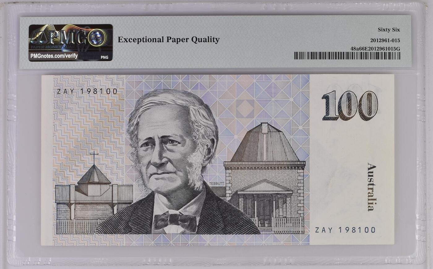 收藏联盟Quantum Auction 第366期拍卖  澳大利亚1984年100元 PMG66 初版 倒置号 道格拉斯.莫森爵士