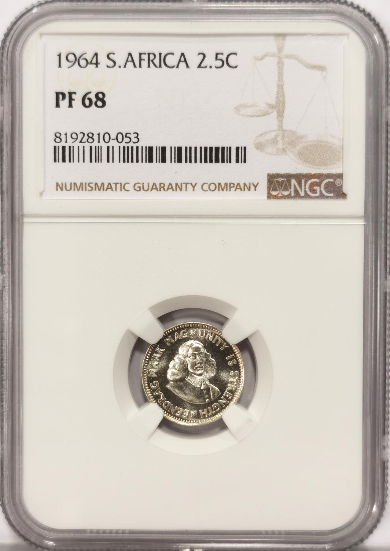 博洋堂世界钱币拍卖第086期（全场包邮） NGC PF68 南非1964年2.5分银币，冠军分！