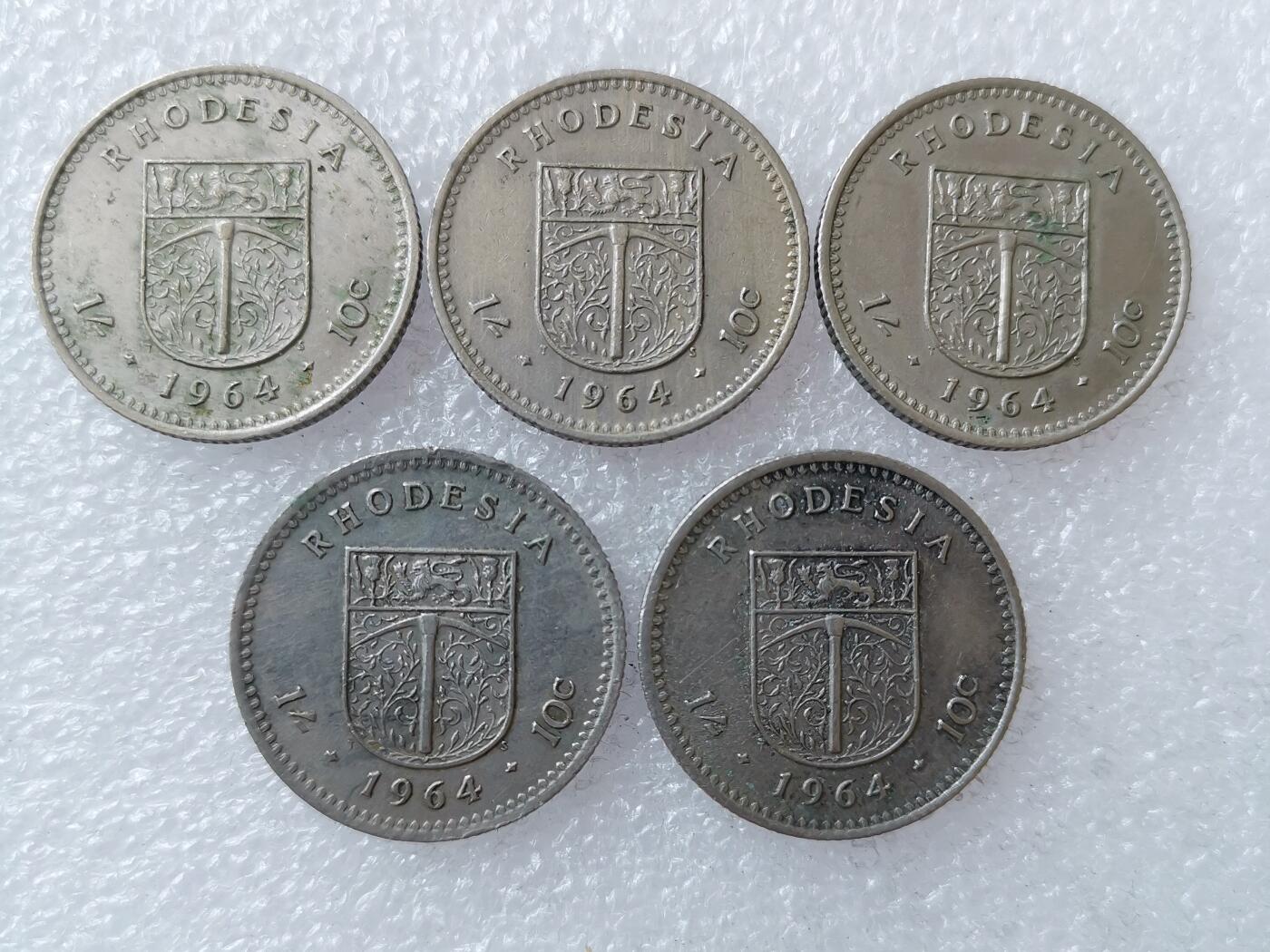 第一海外回流一元起拍收藏 散币专场 第106期 1964年英属罗德西亚10分镍币 5枚
