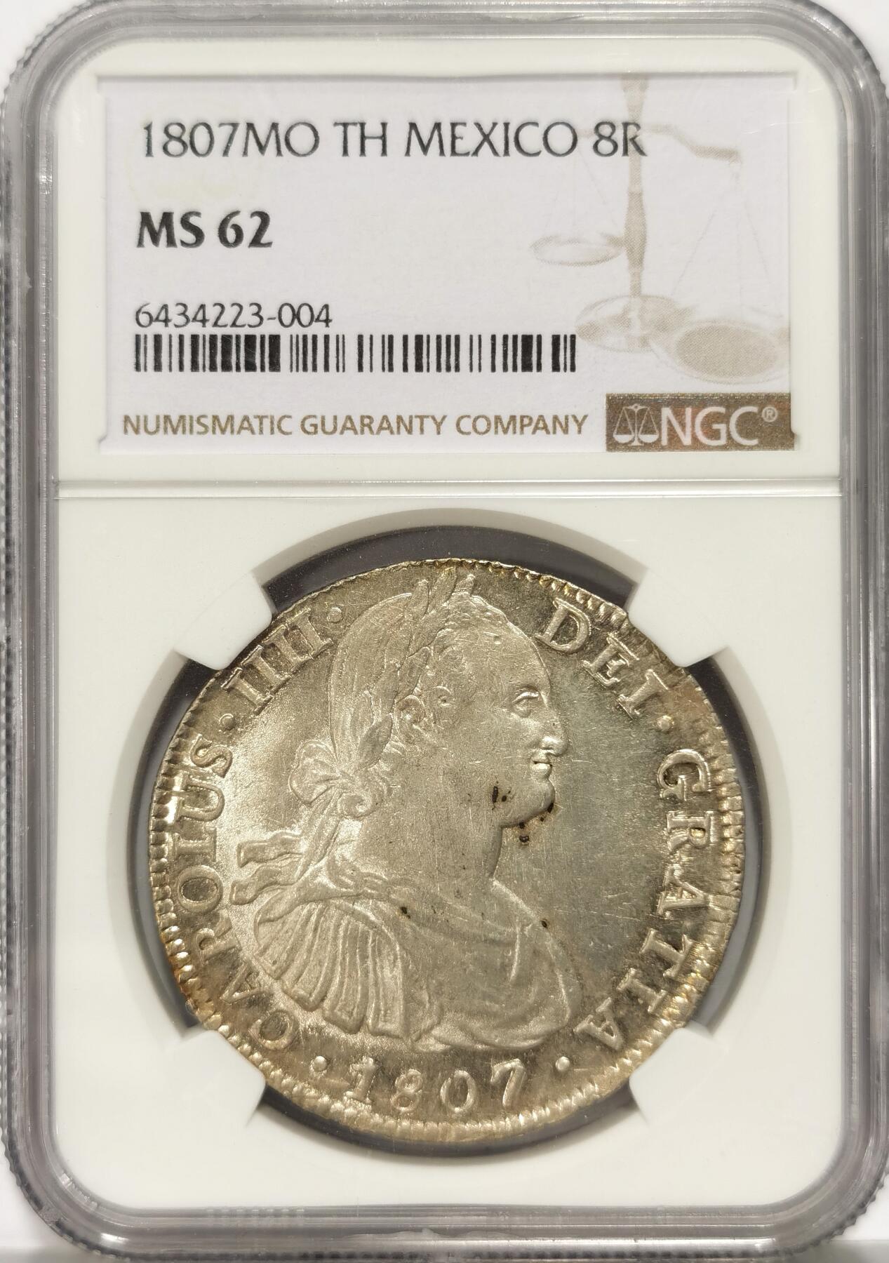 博洋堂世界钱币拍卖第086期（全场包邮） NGC MS62 西属墨西哥1807年卡洛斯四世双柱银币，完美无瑕，低评状态，实物63打底，可以重评加分