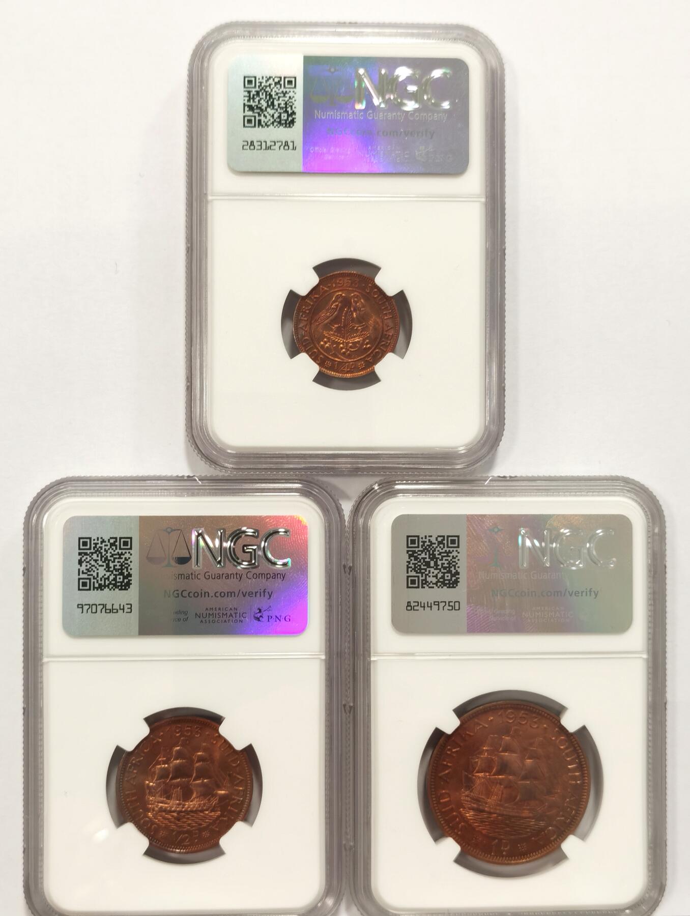 博洋堂世界钱币拍卖第086期（全场包邮） NGC PF64-66 英属南非1953年女王登基纪念套币 伊丽莎白二世 5先令-1/4便士 唯美的青年女王肖像一套集齐 状态一绝 女王版高分难得 附带原始绒布盒 套币玩家不容错过