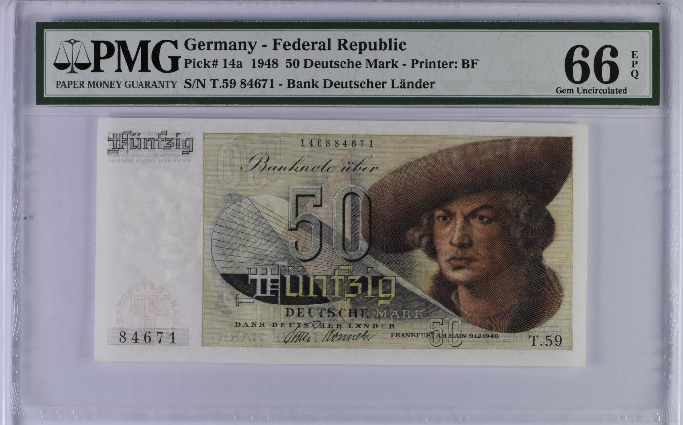 收藏联盟Quantum Auction 第366期拍卖  德国联邦1948年50马克 PMG66 法国代印 注意透光图