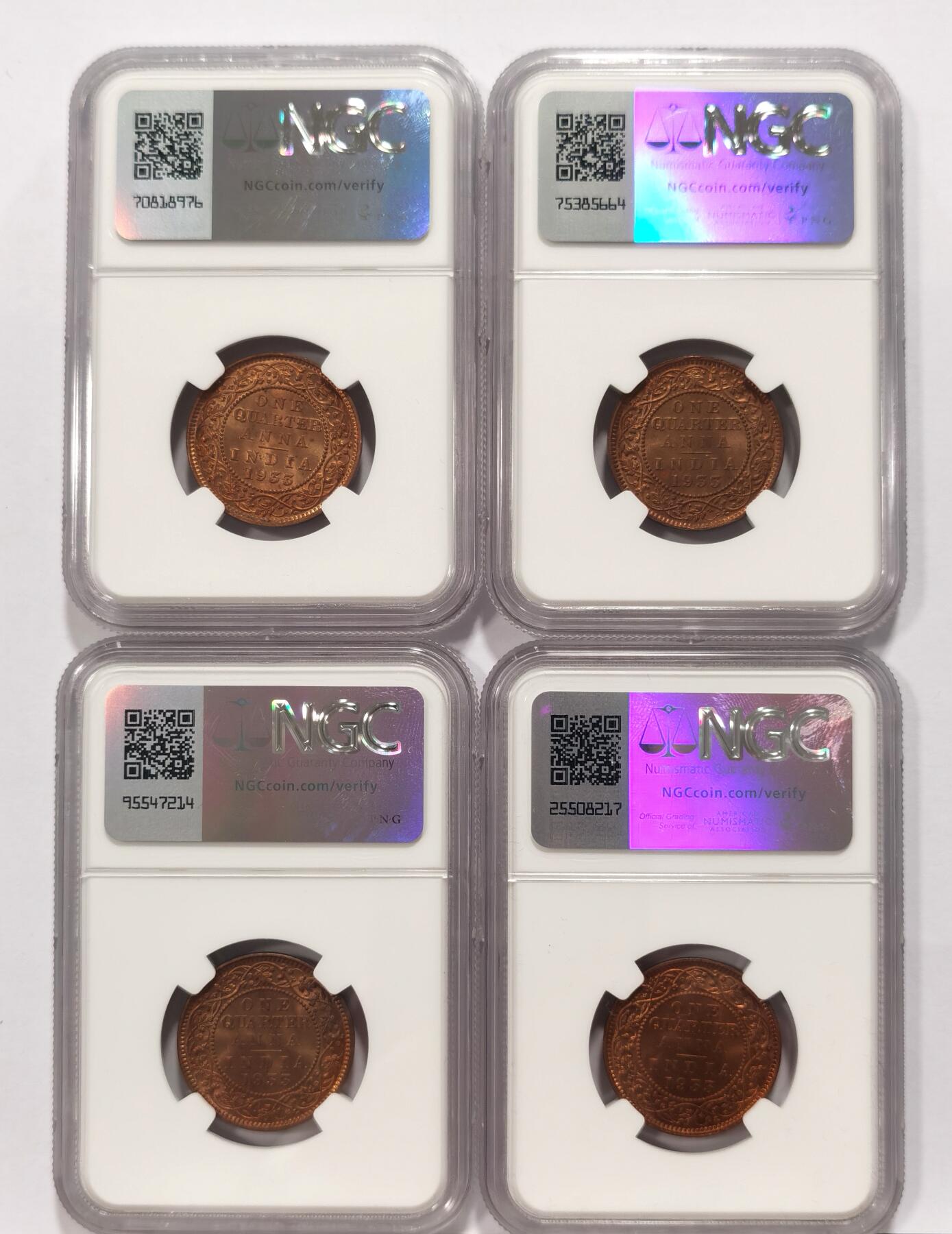 博洋堂世界钱币拍卖第086期（全场包邮） 4枚一起 NGC MS64/65RB 英属印度1933年C版乔治五世1/4安铜币 原光BU美品 自然氧化