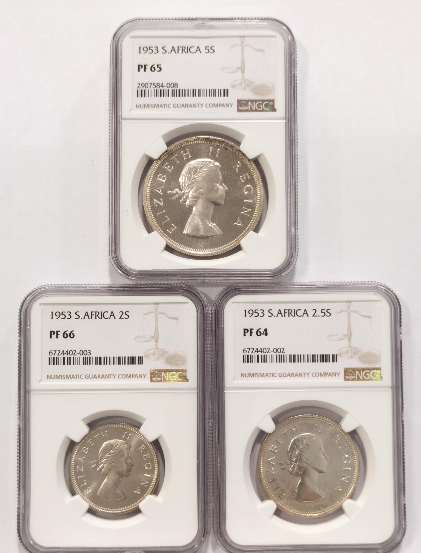 博洋堂世界钱币拍卖第086期（全场包邮） NGC PF64-66 英属南非1953年女王登基纪念套币 伊丽莎白二世 5先令-1/4便士 唯美的青年女王肖像一套集齐 状态一绝 女王版高分难得 附带原始绒布盒 套币玩家不容错过