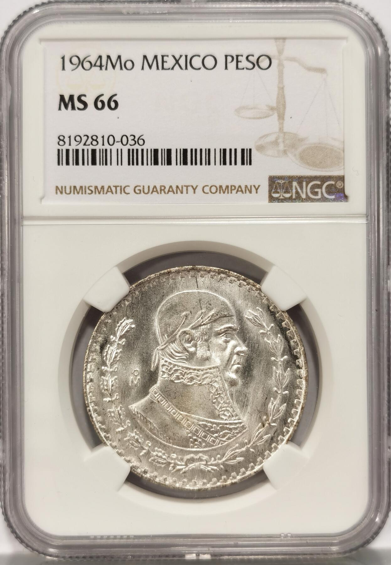 博洋堂世界钱币拍卖第086期（全场包邮） NGC MS66 墨西哥1964年1比索鹰洋银币