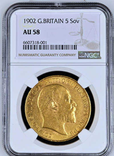 【Blue Auction】✨世界纸币精拍第518期【精】 -     英国 1902年5索维林 40克大金饼 爱德华七世肖像及圣乔治屠龙经典图案 金光灿灿 NGC AU58 铸造量3.5万枚 