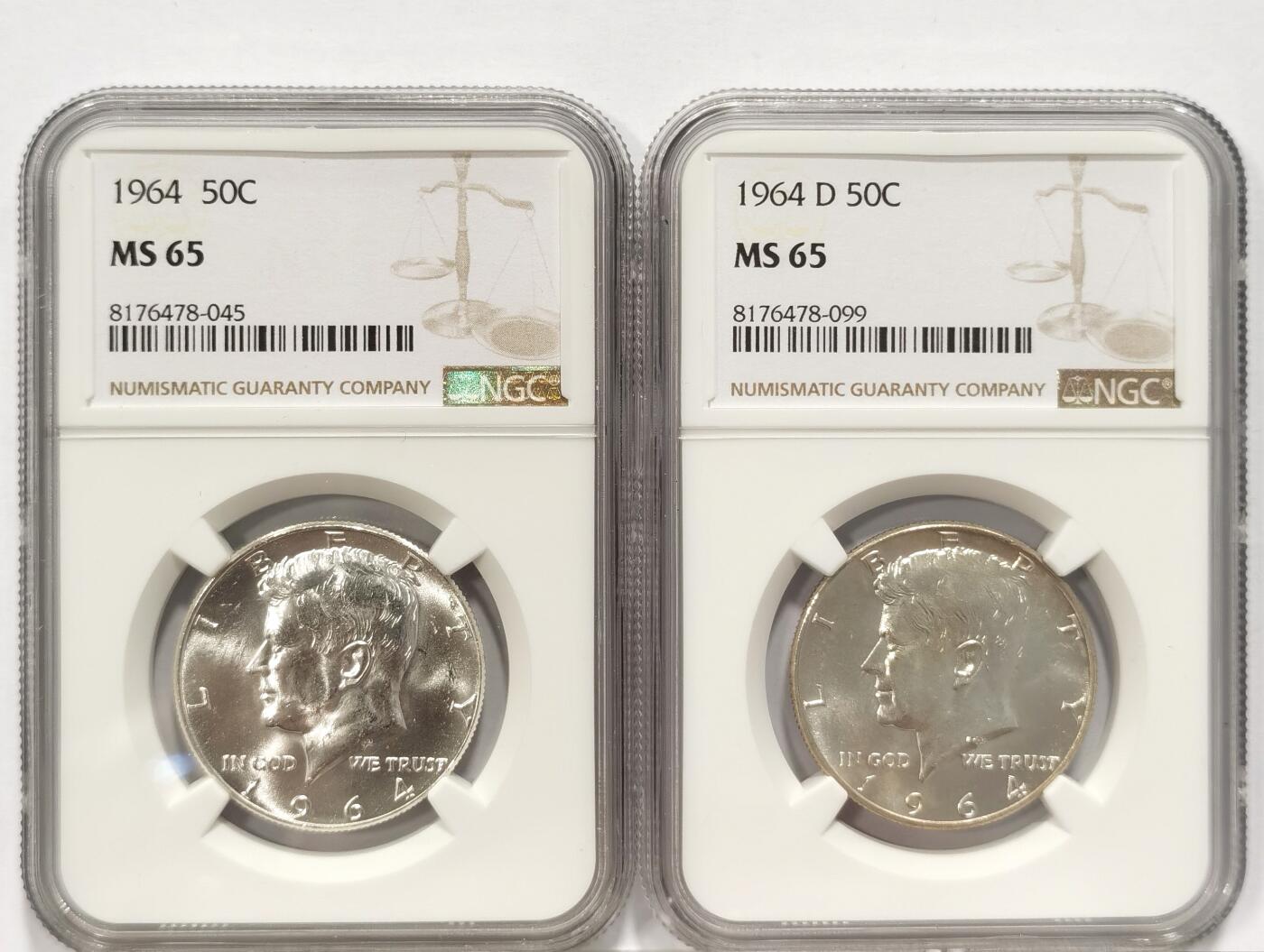 博洋堂世界钱币拍卖第086期（全场包邮） NGC MS65 美国1964年高银版肯尼迪50美分银币2枚一对，含少见D版，一次收齐