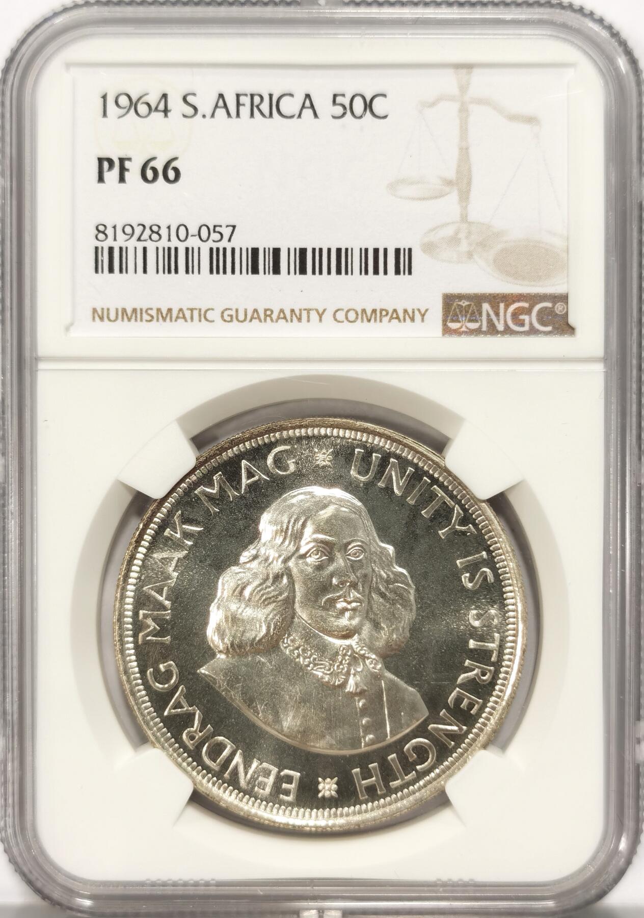 博洋堂世界钱币拍卖第086期（全场包邮） NGC PF66 南非1964年50分银币