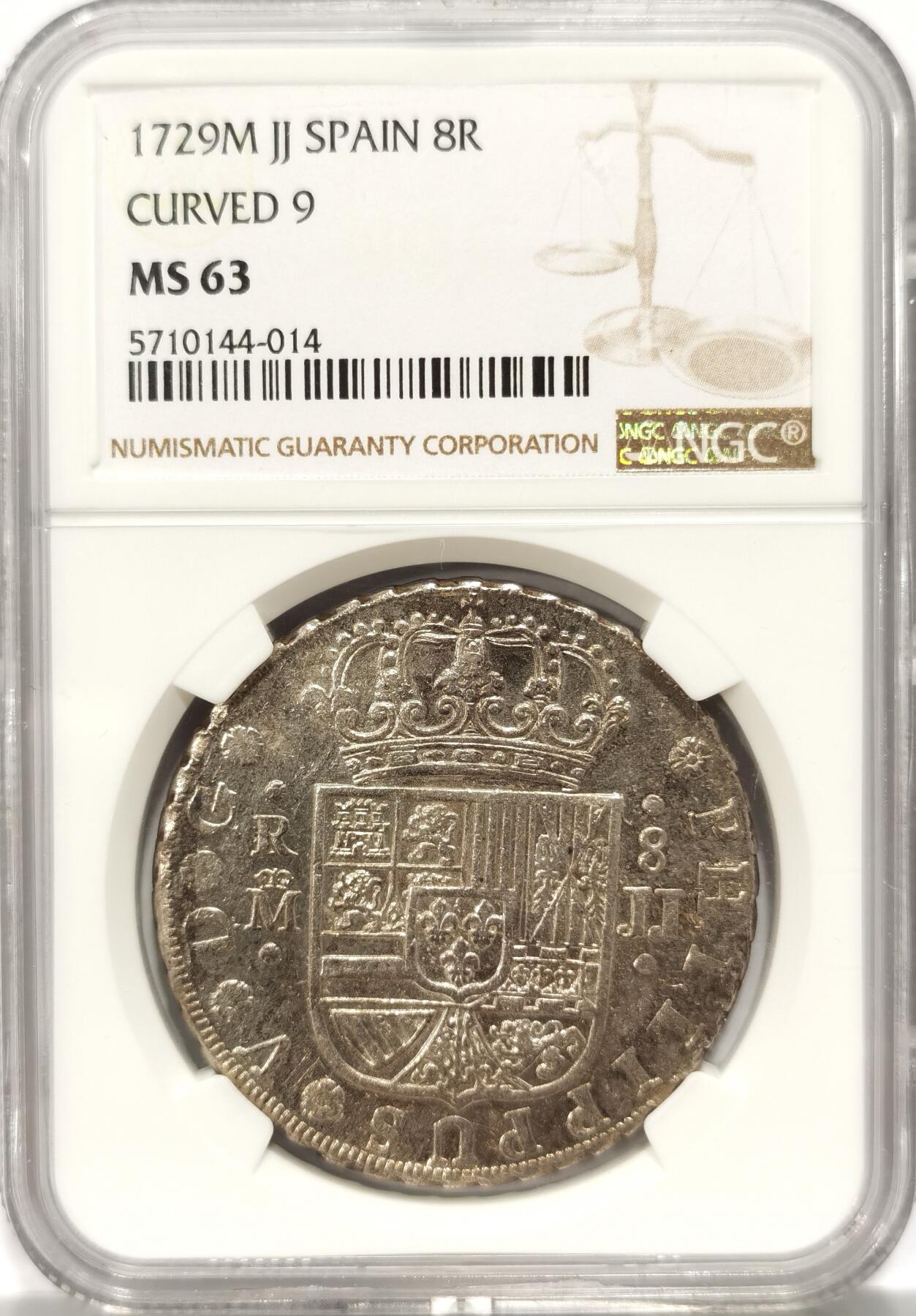 博洋堂世界钱币拍卖第086期（全场包邮） NGC MS63 1729年西班牙腓力五世十字8R 马德里厂铸造，本土十字8R远比地球少见，上面仅2个64