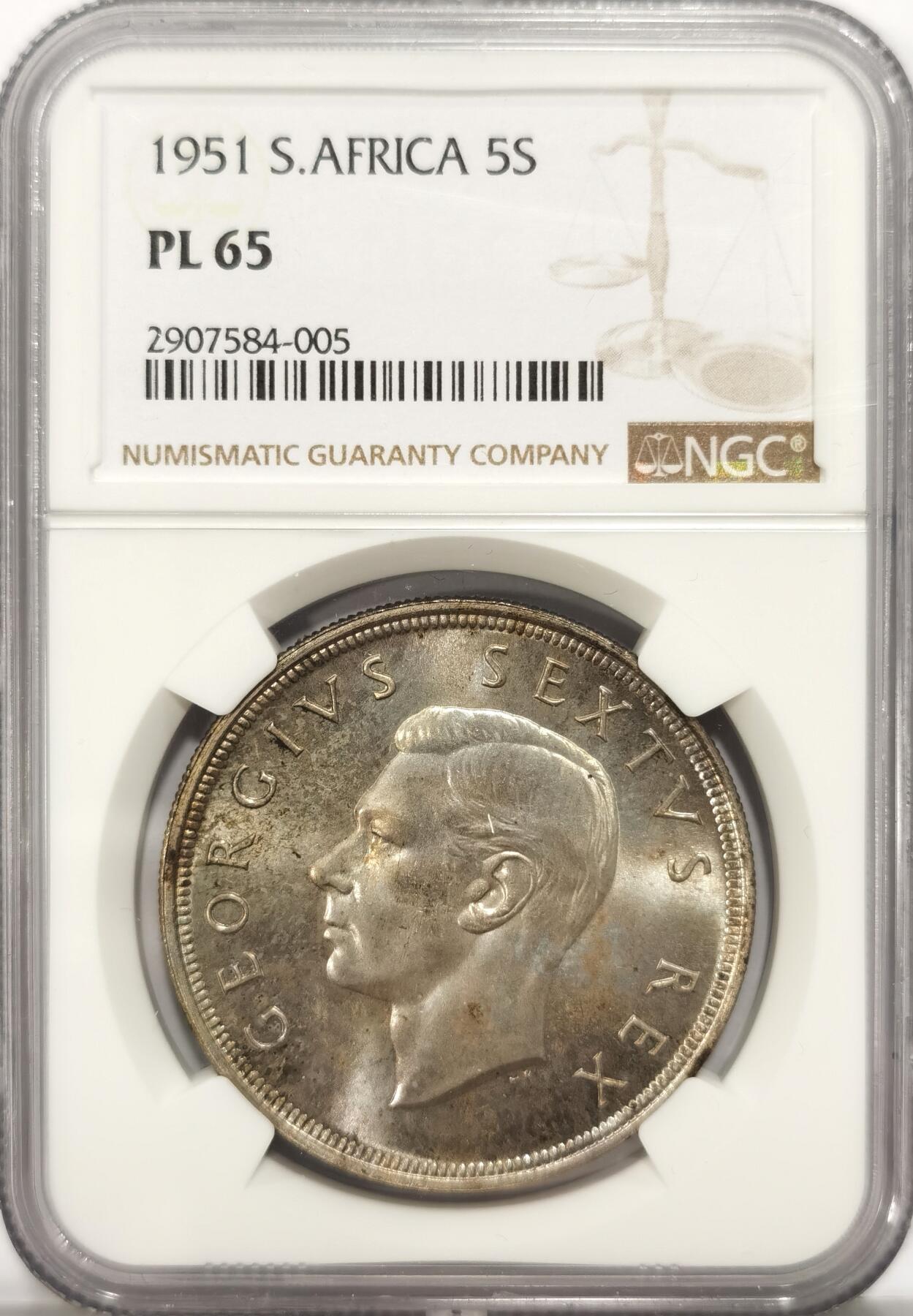 博洋堂世界钱币拍卖第086期（全场包邮） NGC PL65 英属南非1951年乔治六世5先令克朗银币 淡彩严评 少见年份