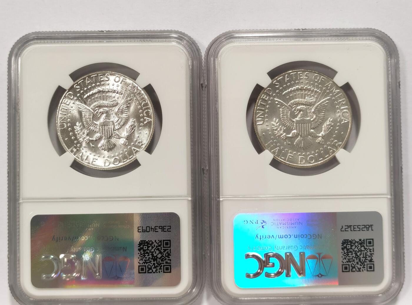 博洋堂世界钱币拍卖第086期（全场包邮） NGC MS65 美国1964年高银版肯尼迪50美分银币2枚一对，含少见D版，一次收齐