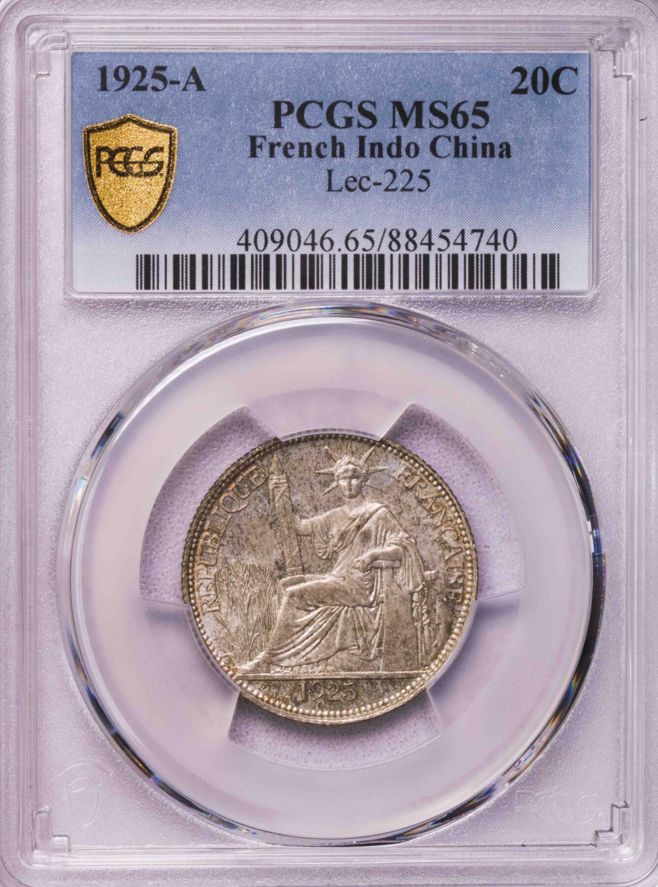 PCGS-MS65 1925印支坐洋20分银币 亚军好年份 完美品