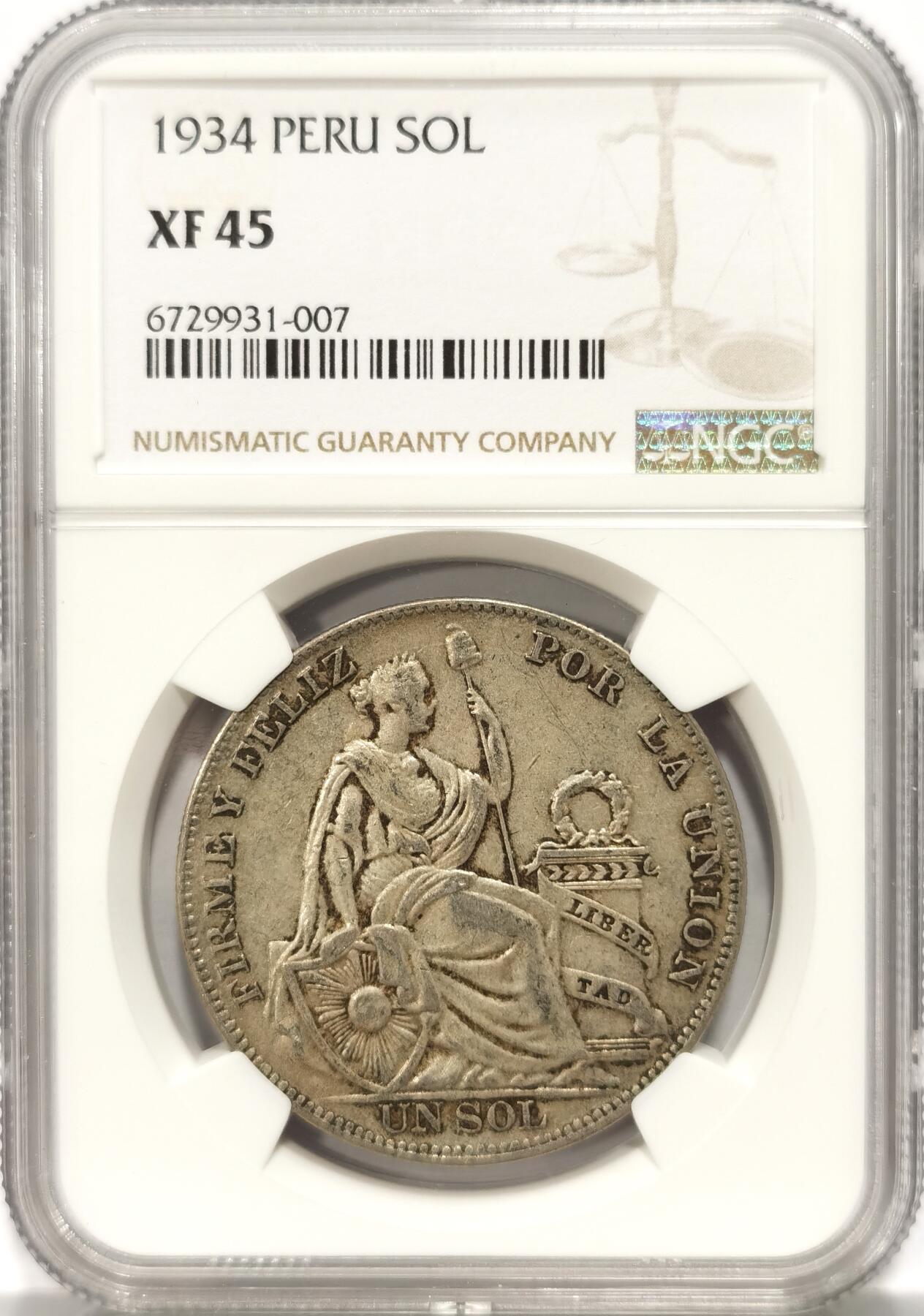 博洋堂世界钱币拍卖第086期（全场包邮） NGC XF45 秘鲁1934年坐人自由女神1索尔大银币，原汁原味