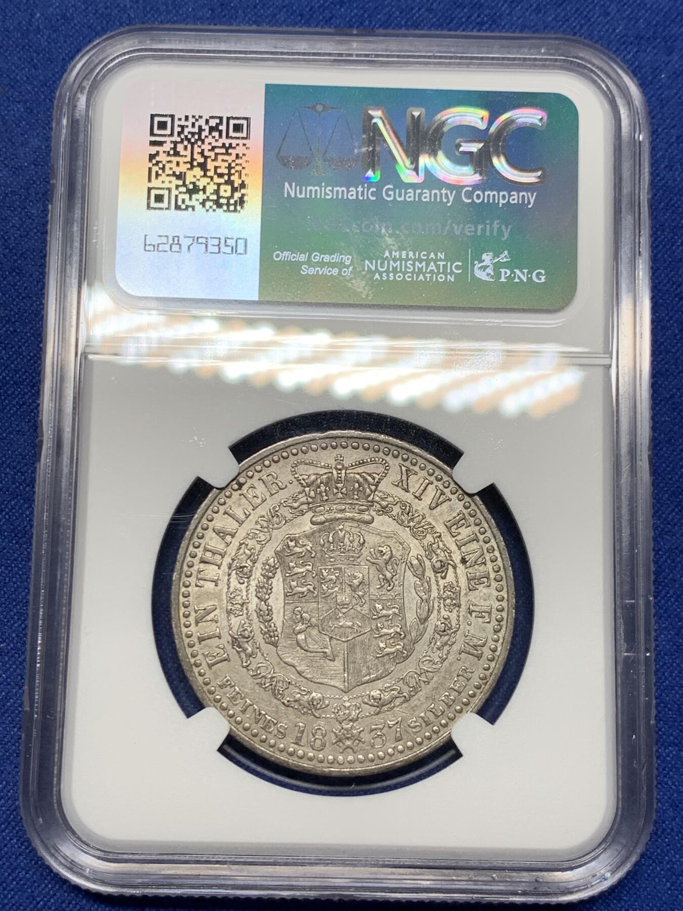 《竞宝斋》第294场- 周日，周一  2场连拍 （全场包邮） NGC AU55 德国汉诺威1837年威廉四世1泰勒 银币  汉诺威王朝 英国国王兼汉诺威国王