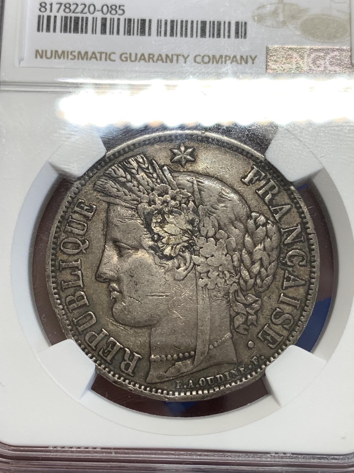 《竞宝斋》第294场- 周日，周一  2场连拍 （全场包邮） NGC XF 法国1850年谷物女神5法郎银币 原味包浆