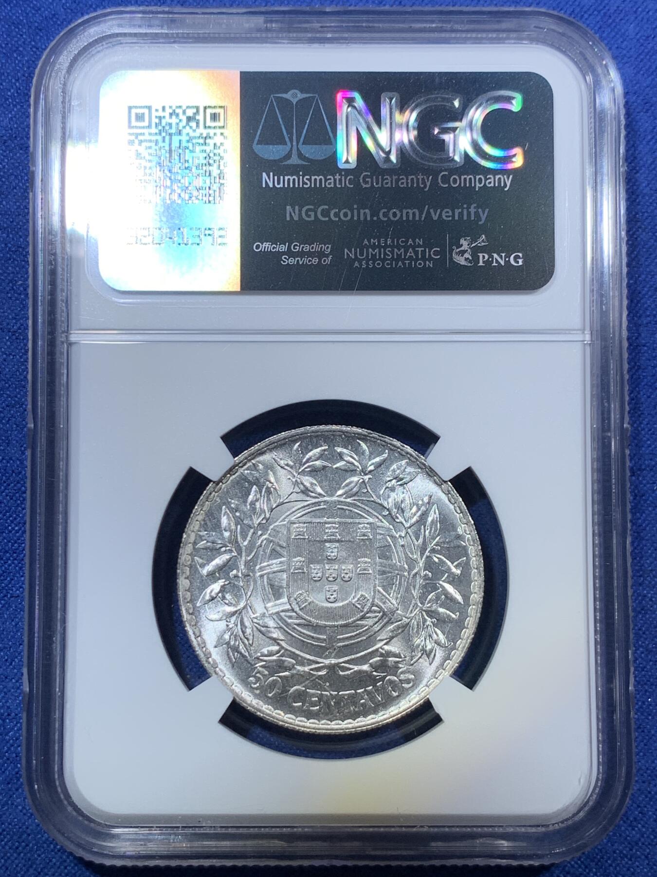 《竞宝斋》第294场- 周日，周一  2场连拍 （全场包邮） NGC MS64 葡萄牙1916年自由女神半圆50分银币