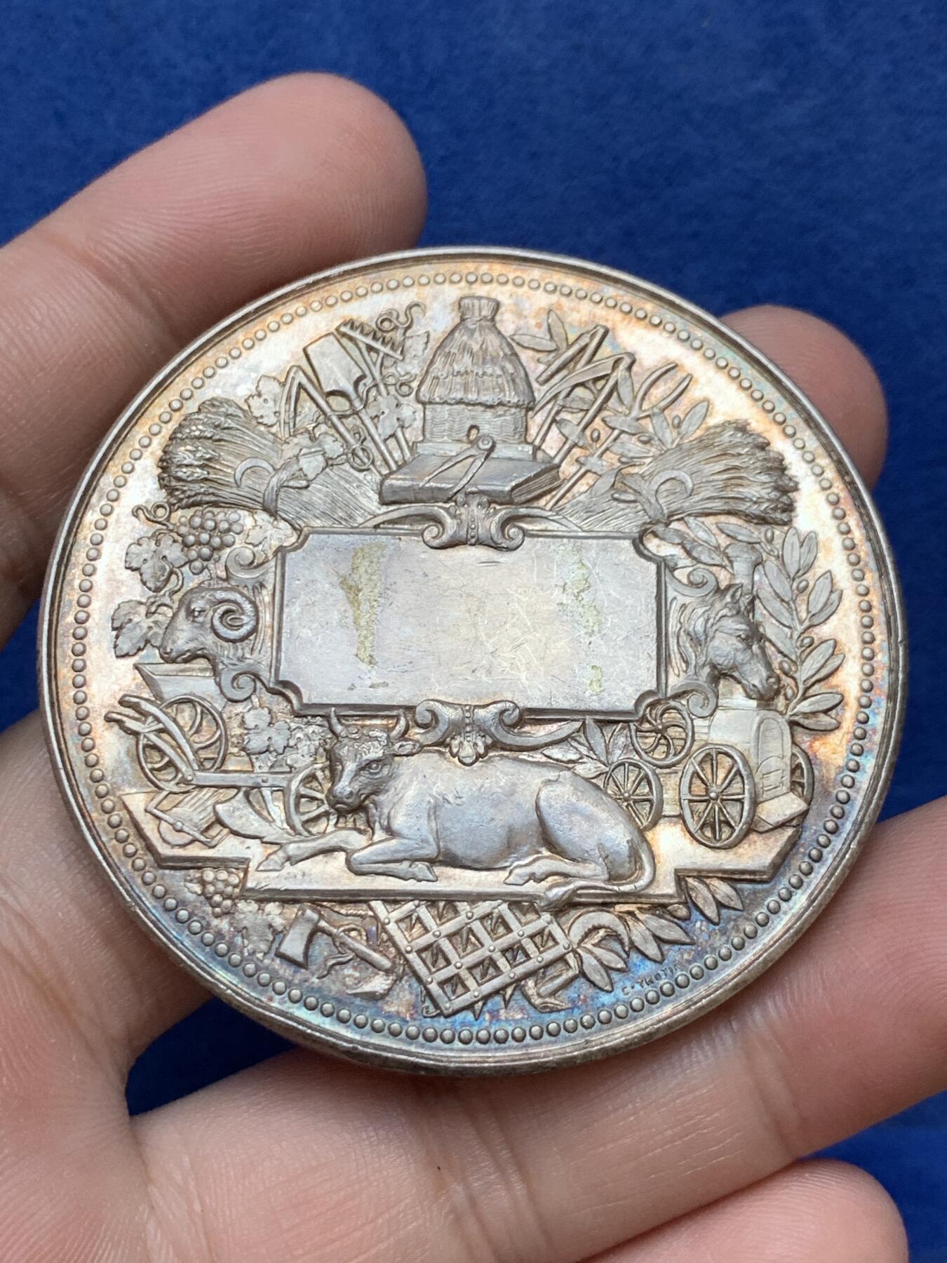 《竞宝斋》第294场- 周日，周一  2场连拍 （全场包邮） 19世纪末法兰西农业协会大银章 直径54mm 重量75克 设计雕刻很精美的一枚