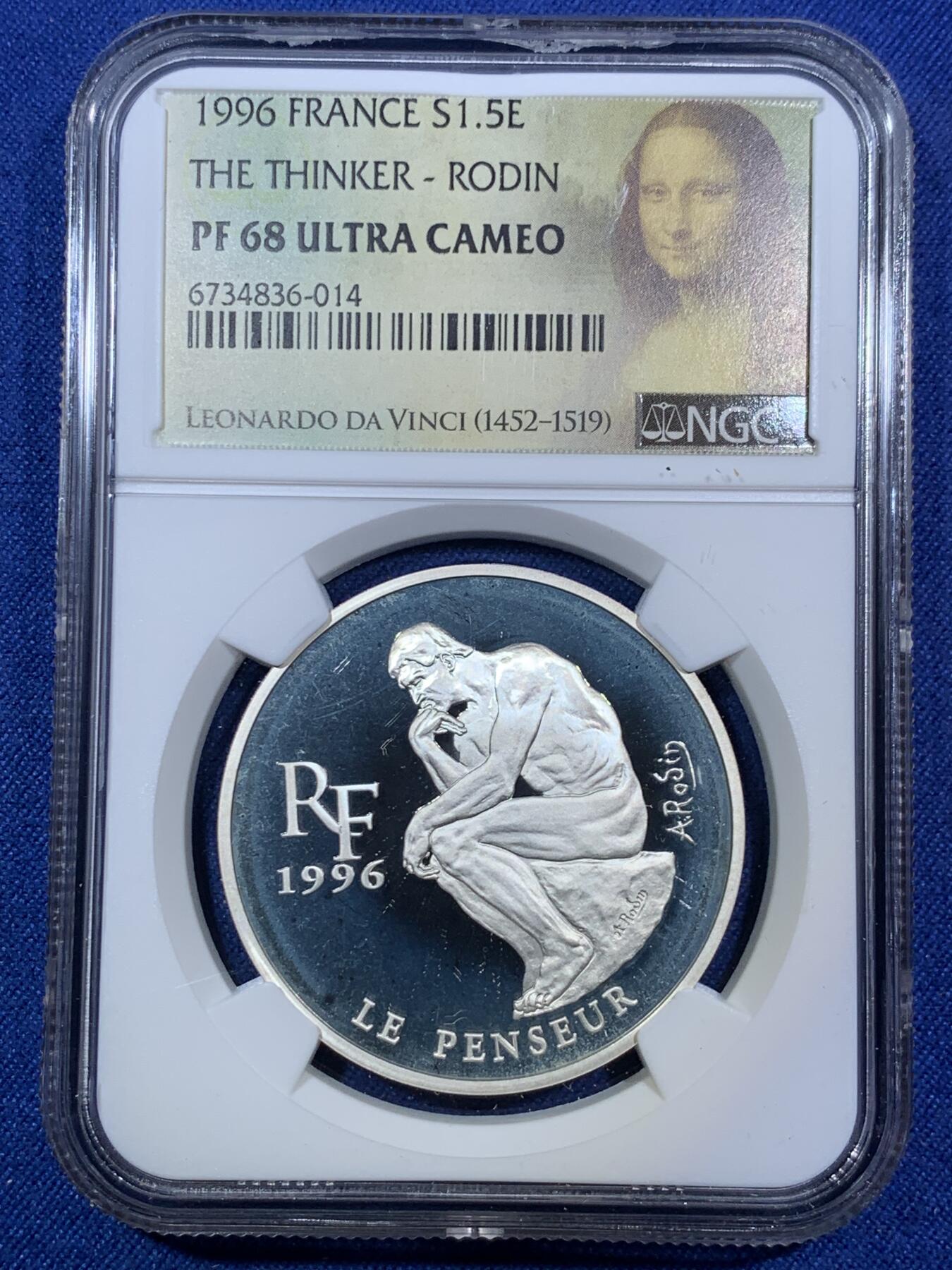 《竞宝斋》第294场- 周日，周一  2场连拍 （全场包邮） NGC PF68UC 1996年法国10法郎艺术家大银币 罗丹的雕塑—思想者