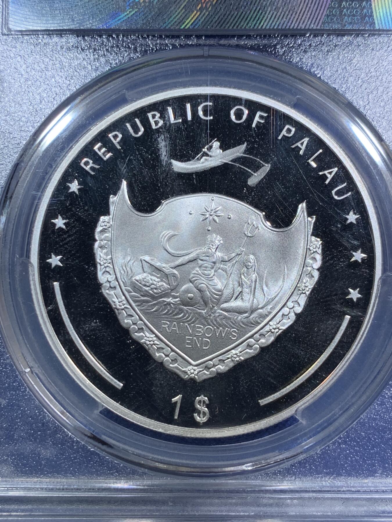 《竞宝斋》第294场- 周日，周一  2场连拍 （全场包邮） ACG PF70 2010年帕劳特蕾莎修女百年诞辰精制彩色银币 背图为海王和美人鱼