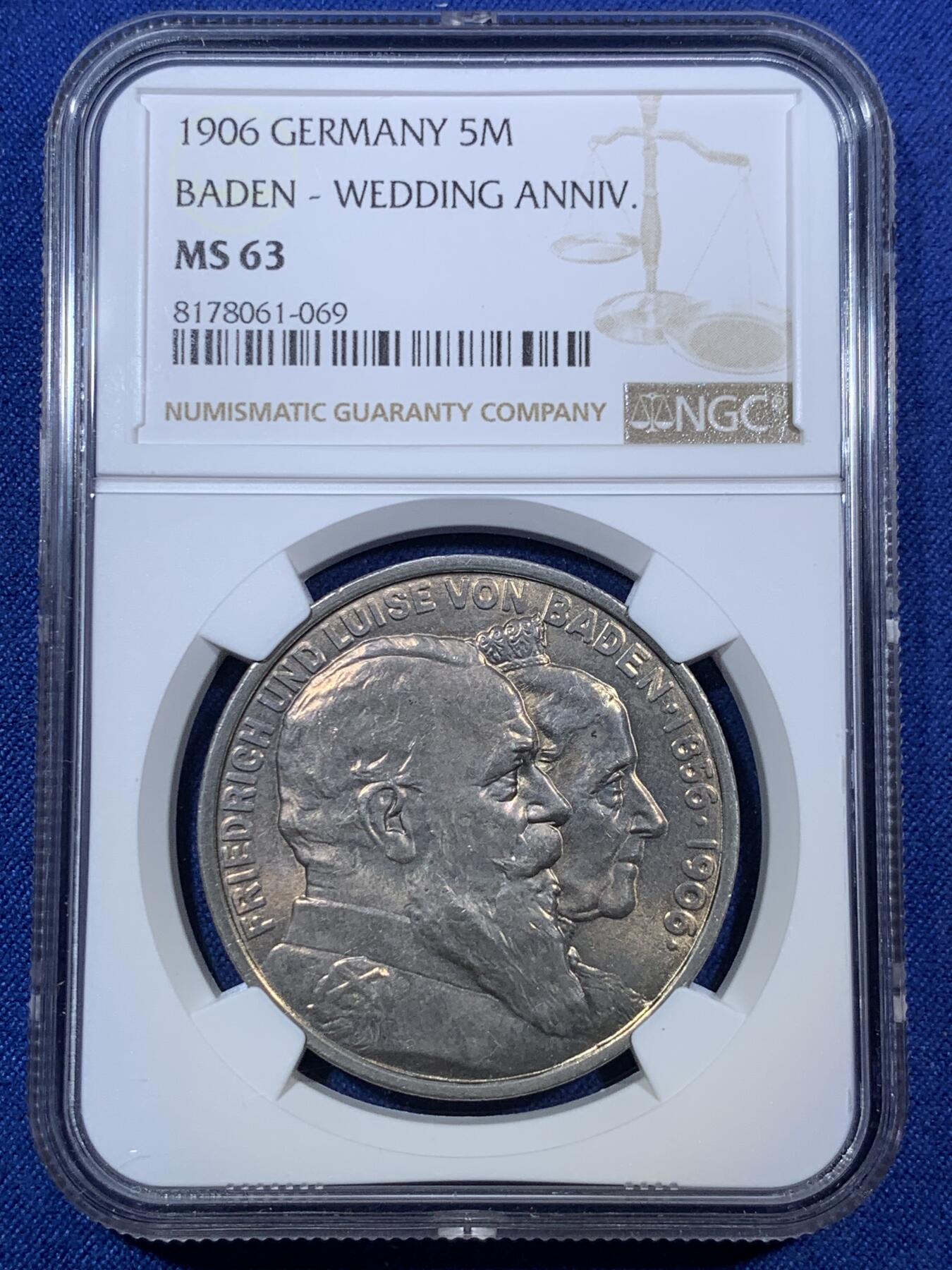 《竞宝斋》第294场- 周日，周一  2场连拍 （全场包邮） NGC MS63 德国1906巴登金婚5马克银币