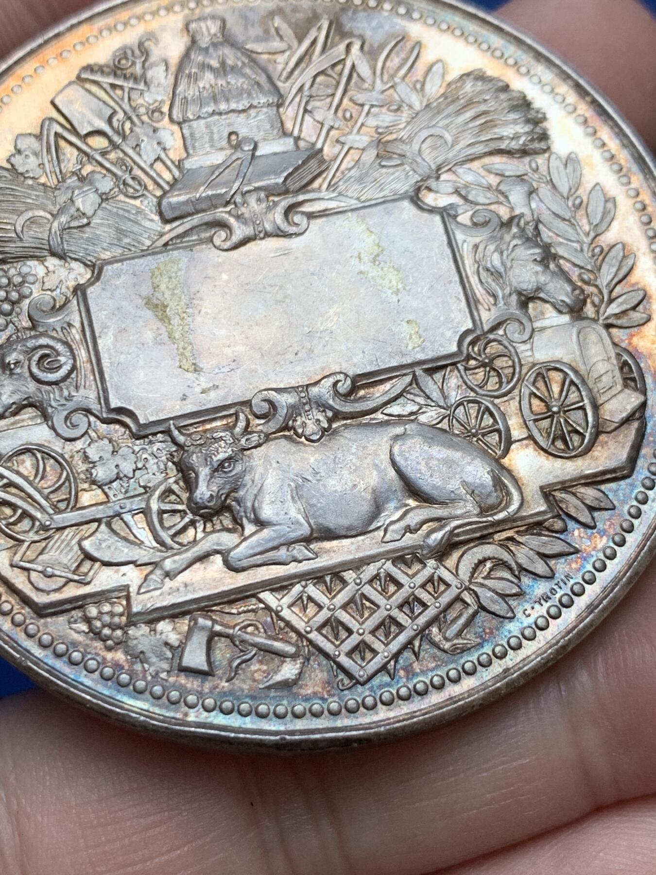 《竞宝斋》第294场- 周日，周一  2场连拍 （全场包邮） 19世纪末法兰西农业协会大银章 直径54mm 重量75克 设计雕刻很精美的一枚