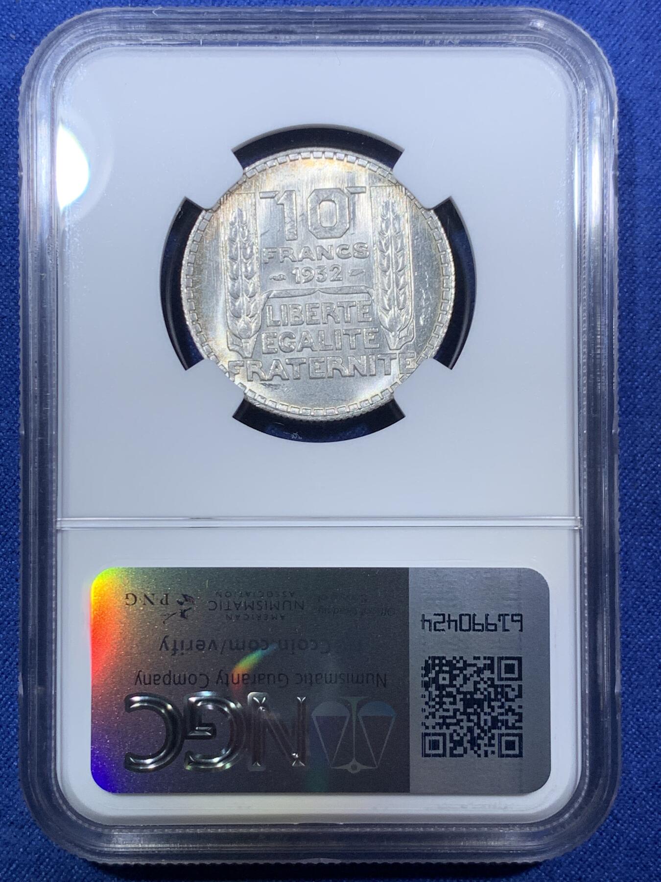 《竞宝斋》第294场- 周日，周一  2场连拍 （全场包邮） NGC MS64 法国1932年谷物女神10法郎银币