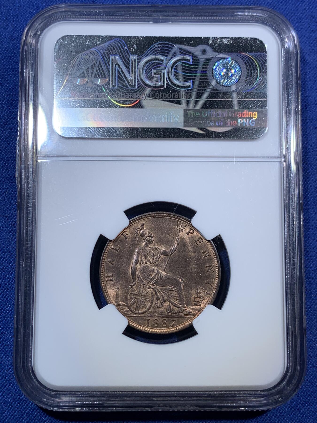 《竞宝斋》第294场- 周日，周一  2场连拍 （全场包邮） NGC MS65RB 英国1887年小维1/2便士铜币 状态很好 不错的的分数