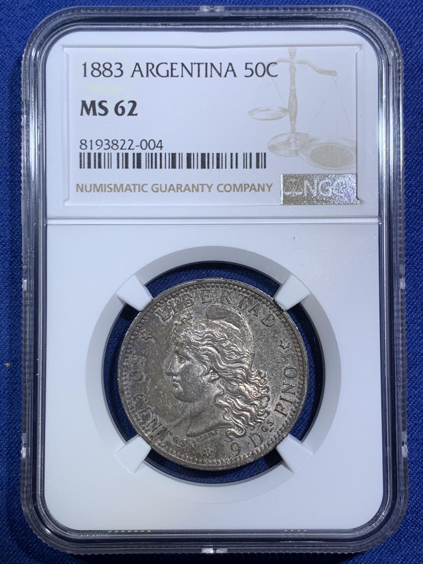 《竞宝斋》第294场- 周日，周一  2场连拍 （全场包邮） NGC MS62 阿根廷 1883年 50分银币 高分辅币 深黑包浆 PL底板状态难得