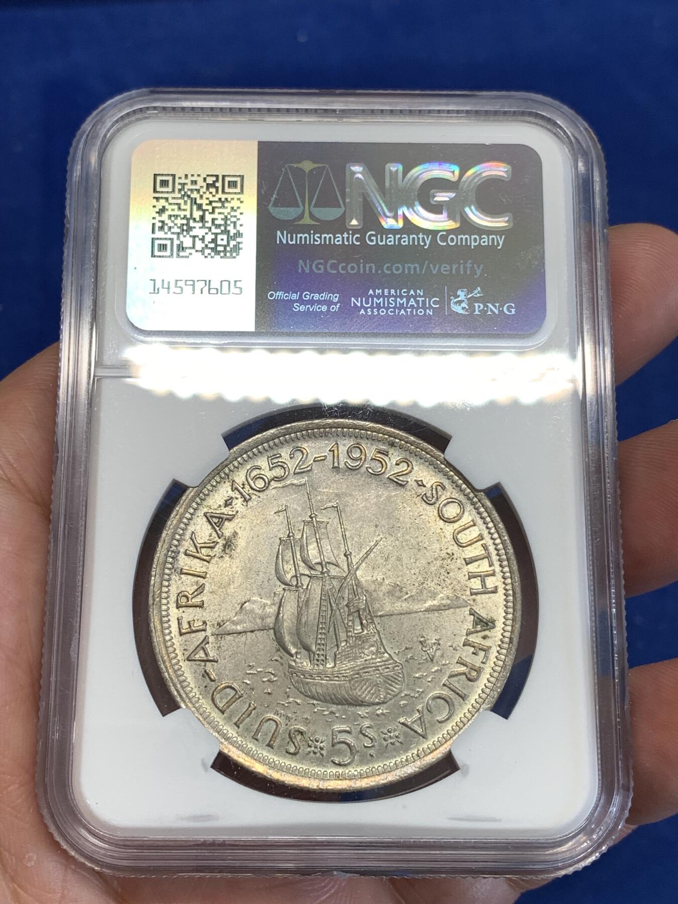 《竞宝斋》第294场- 周日，周一  2场连拍 （全场包邮） NGC MS61 南非1952年乔治六世发现开普敦5先令克朗型大银币 原光