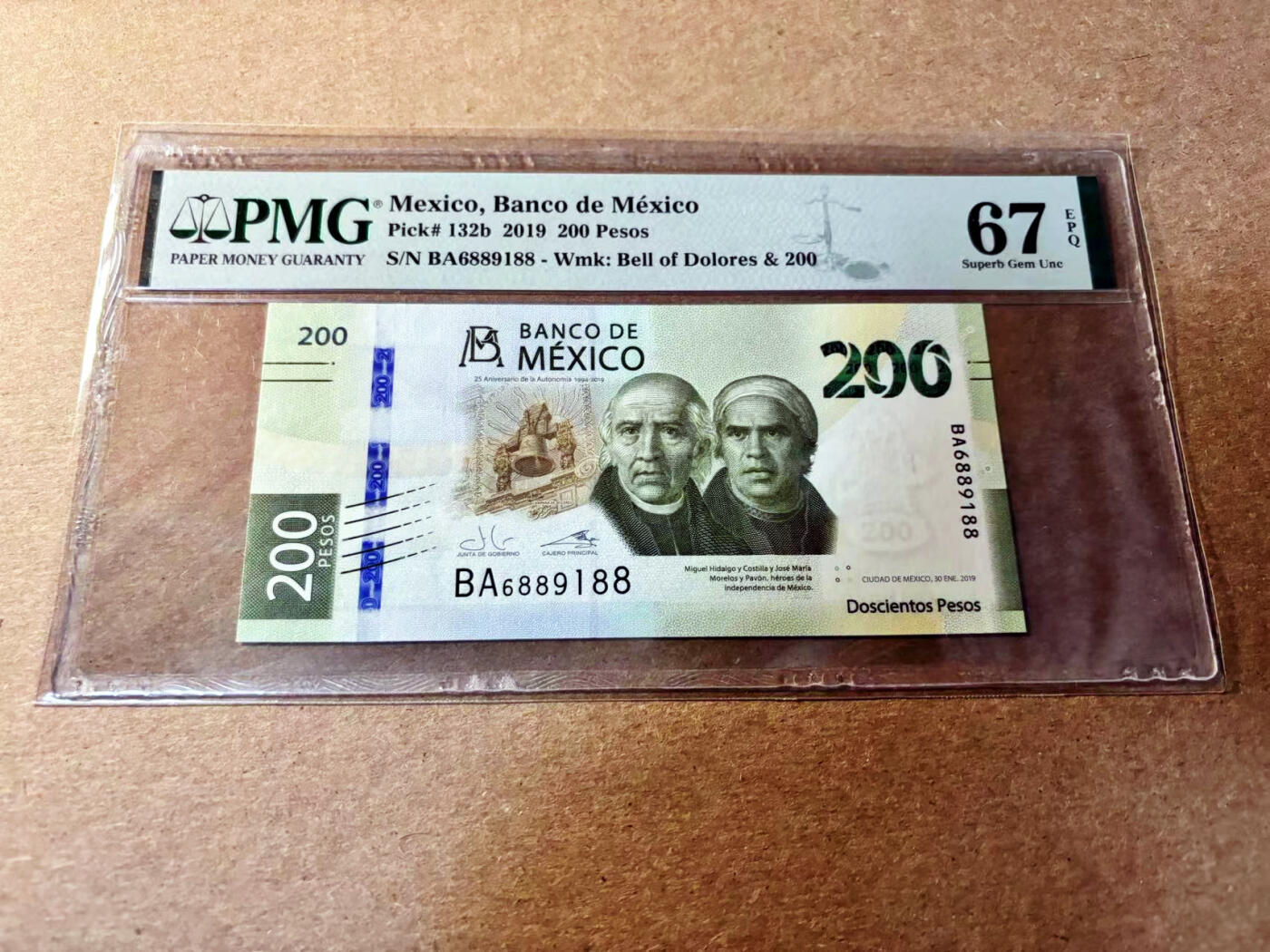 【Blue Auction】✨世界纸币精拍第520期【精】 【88尾倒置号】墨西哥 2019年200比索 PMG67EPQ 高分