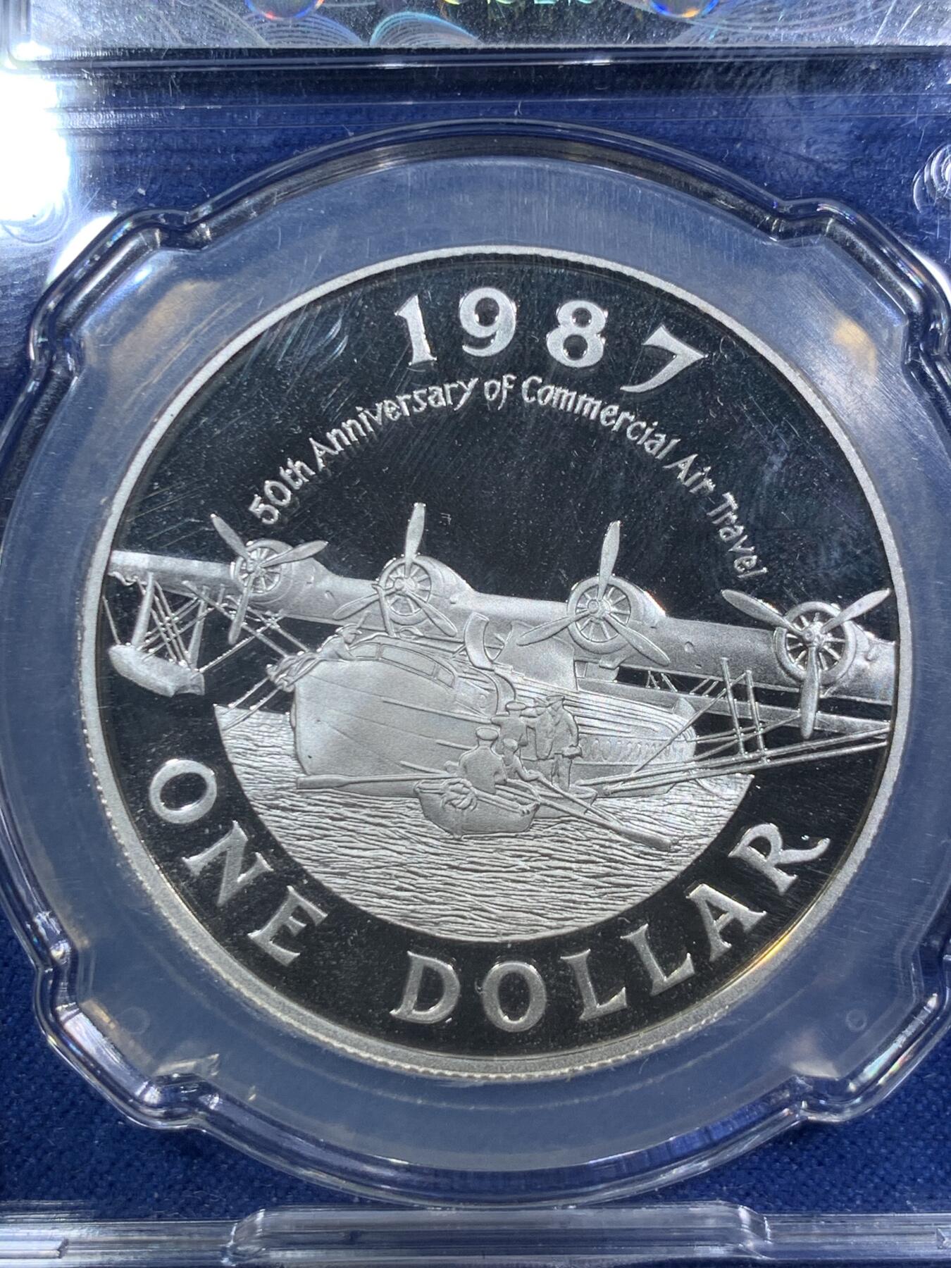 《竞宝斋》第294场- 周日，周一  2场连拍 （全场包邮） CSIS PF70UC 1987百慕大航空50年精制纪念银币 绝美品