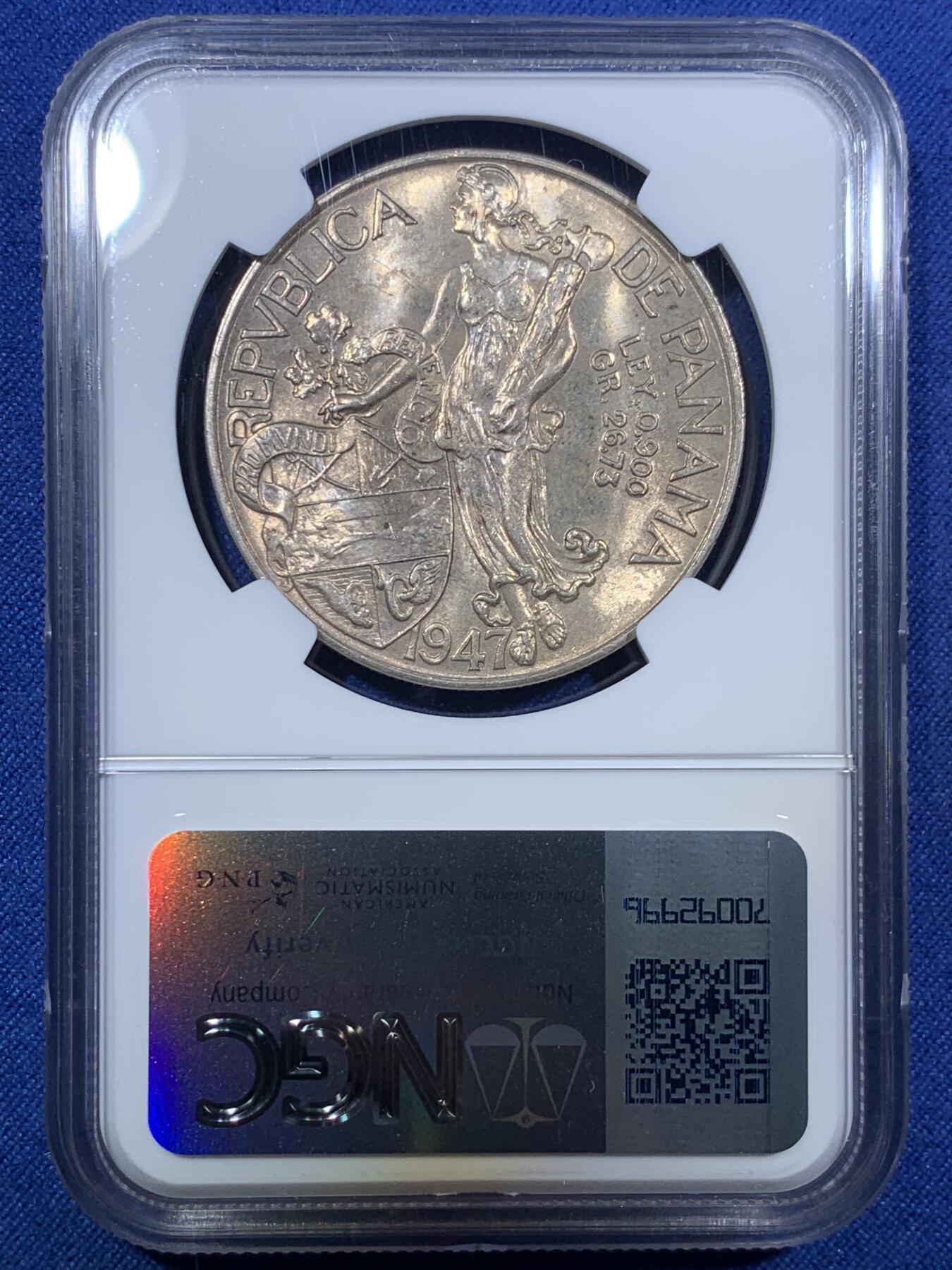 《竞宝斋》第294场- 周日，周一  2场连拍 （全场包邮） NGC MS63 巴拿马1947年巴尔博亚大银币 转光丝滑 极美金色包浆