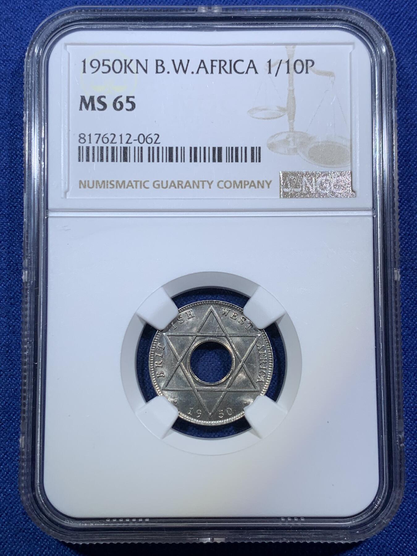 《竞宝斋》第294场- 周日，周一  2场连拍 （全场包邮） NGC-MS65 英属西非1950年乔六1/10便士 好品小铜镍币！高分小精品！