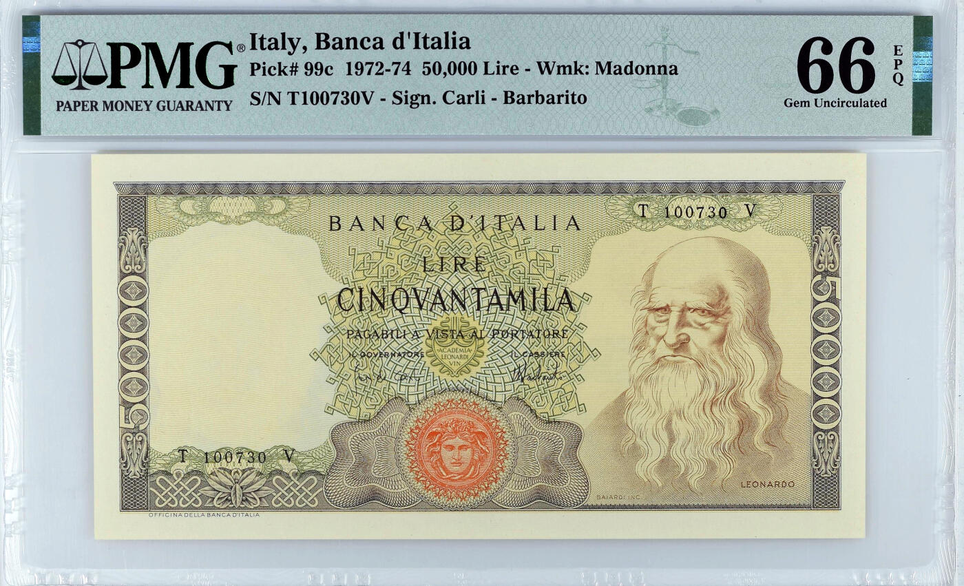 【Blue Auction】✨世界纸币精拍第520期【精】  意大利 1972-74年50000里拉 经典达芬奇 人像+大场景完美组合 雕刻精美 PMG66EPQ  