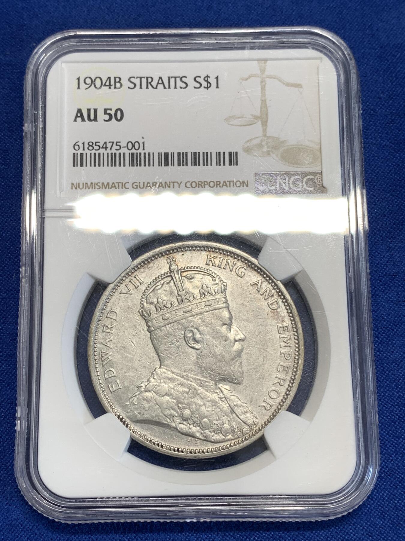 《竞宝斋》第294场- 周日，周一  2场连拍 （全场包邮） NGC AU50 英属海峡1904年B版爱德华七世壹圆银币