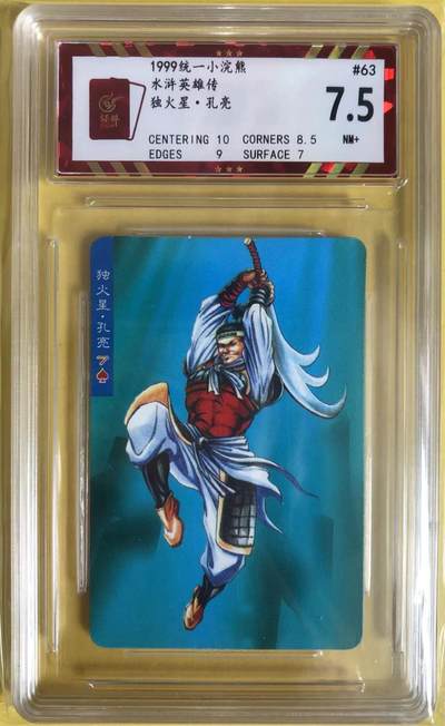 卡牌限时004专场 1999小浣熊北细无八字，保粹评级7.5分，非常难评级的纯色背景卡，该分数难评。