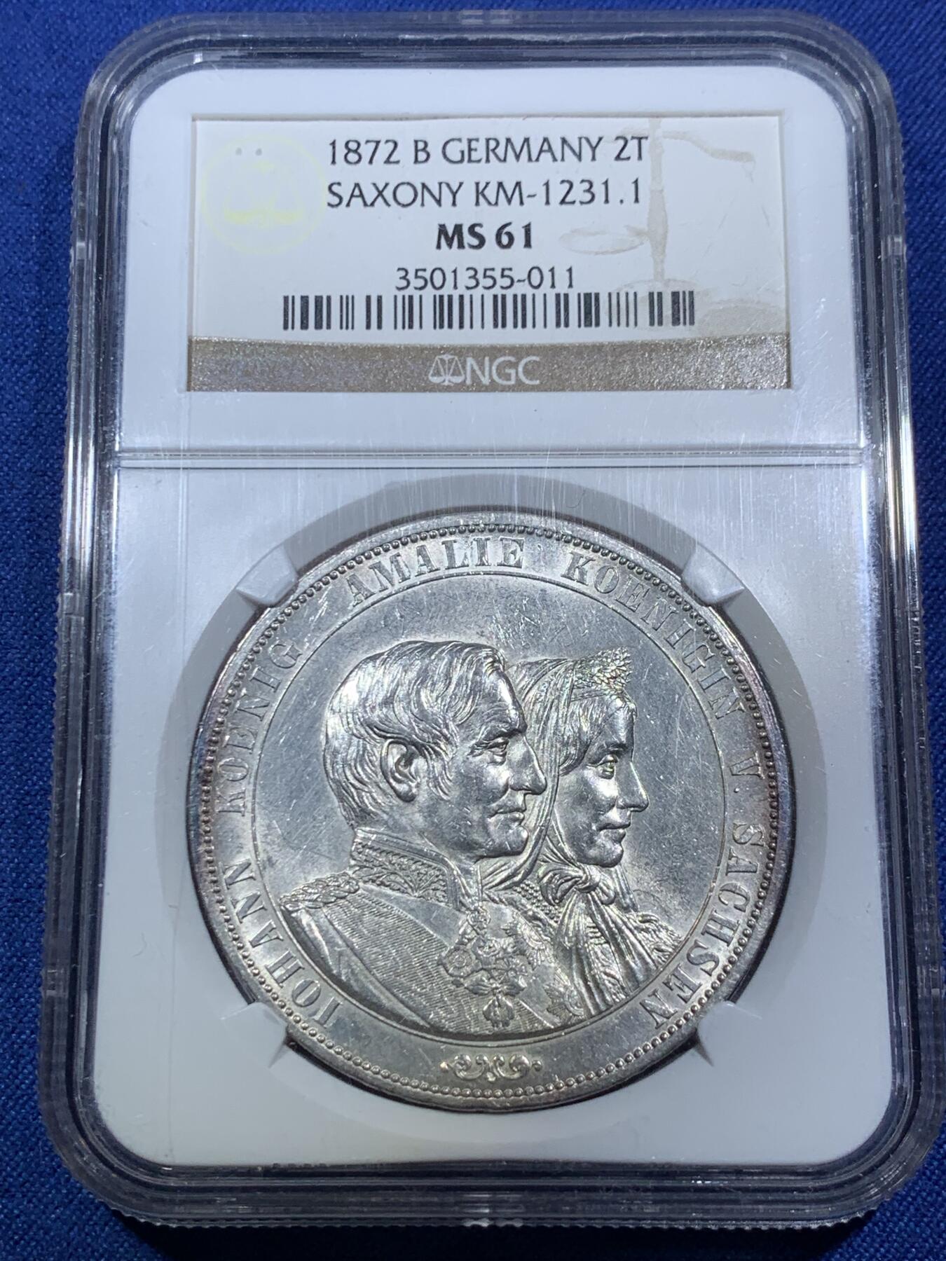 《竞宝斋》第294场- 周日，周一  2场连拍 （全场包邮） NGC MS61 1872年德国萨克森金婚纪念2泰勒 2泰勒的入门品种，MS品，适合德系入门