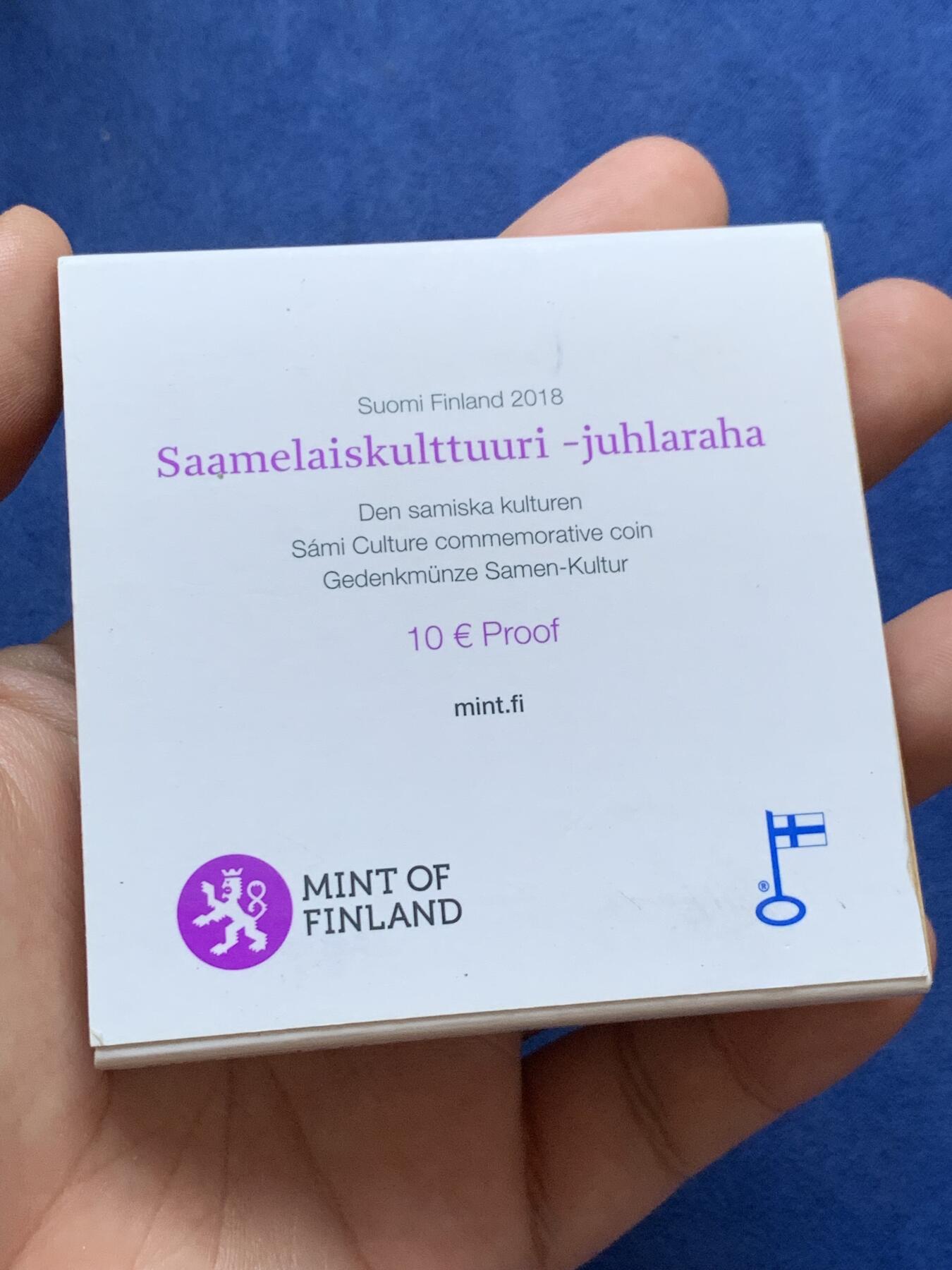 《竞宝斋》第294场- 周日，周一  2场连拍 （全场包邮） 2018年 芬兰 10欧元 撒西咪文化纪念 发行数量：8000 银0.5 10克 原盒证