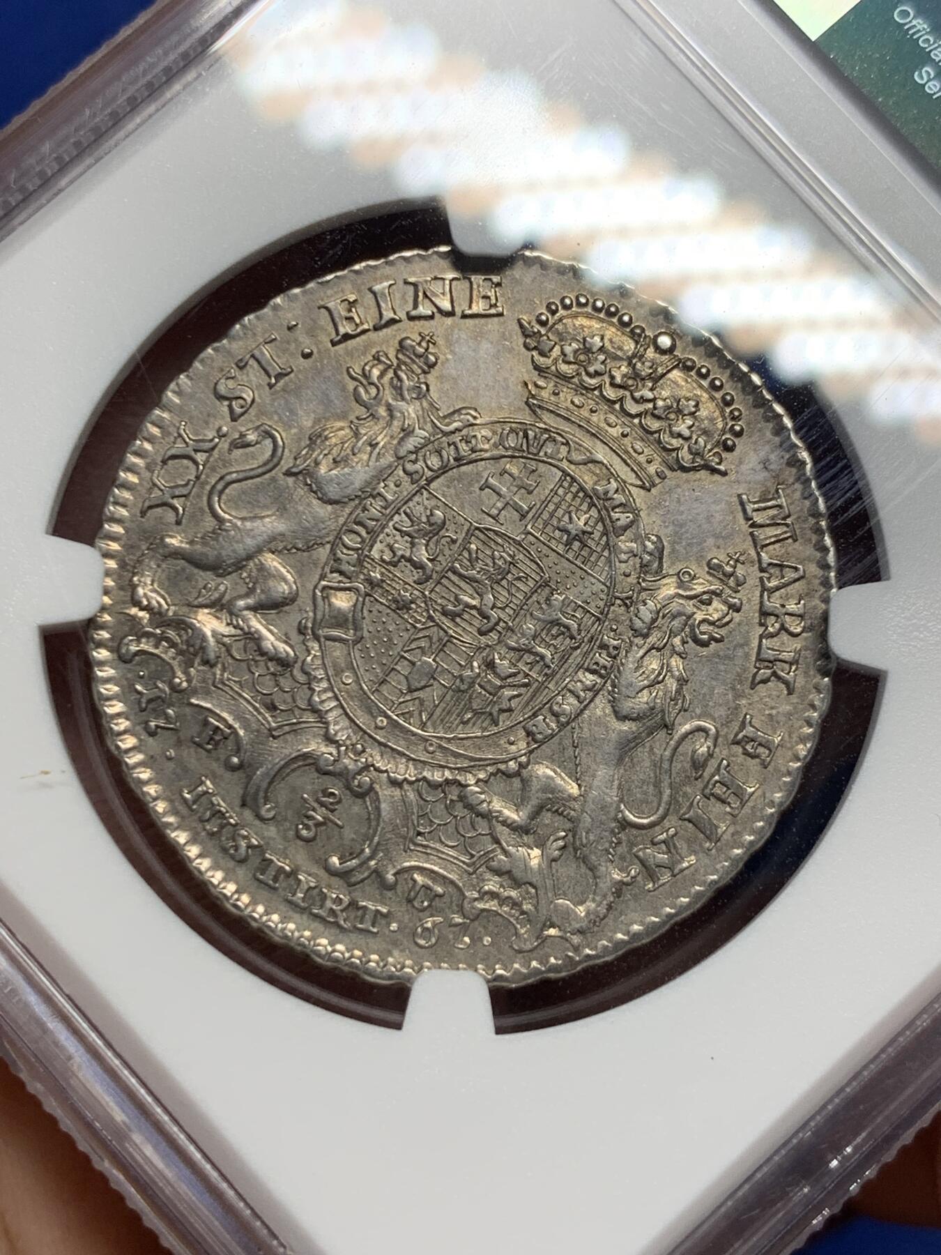 《竞宝斋》第294场- 周日，周一  2场连拍 （全场包邮） NGC AU55 德国 1767 黑森-卡塞尔伯爵领地 腓特烈二世 2/3泰勒银币 单年份最大面值