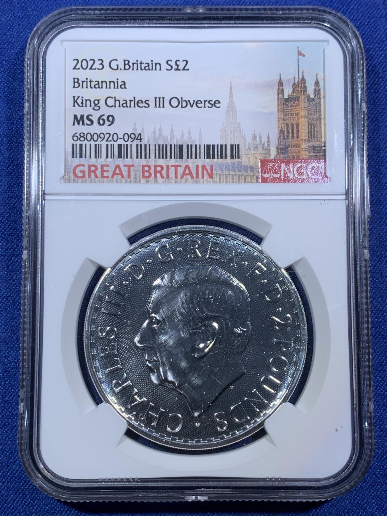 《竞宝斋》第294场- 周日，周一  2场连拍 （全场包邮） NGC MS69 英国2023年查尔斯海神一盎司大银币