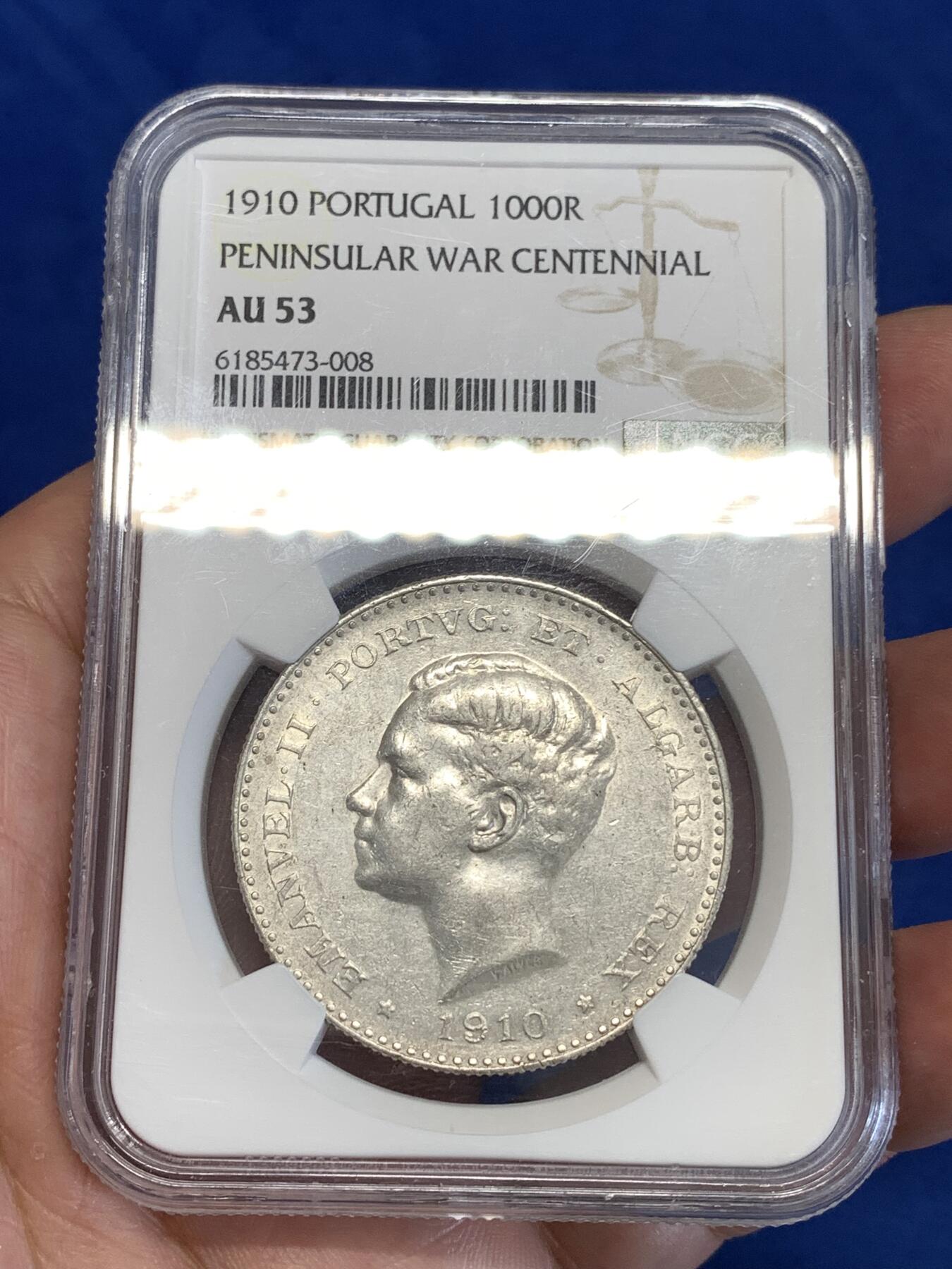 《竞宝斋》第294场- 周日，周一  2场连拍 （全场包邮） NGC AU53 葡萄牙 1910年 半岛百年战争纪念 1000R大银币 非常稀少的品种