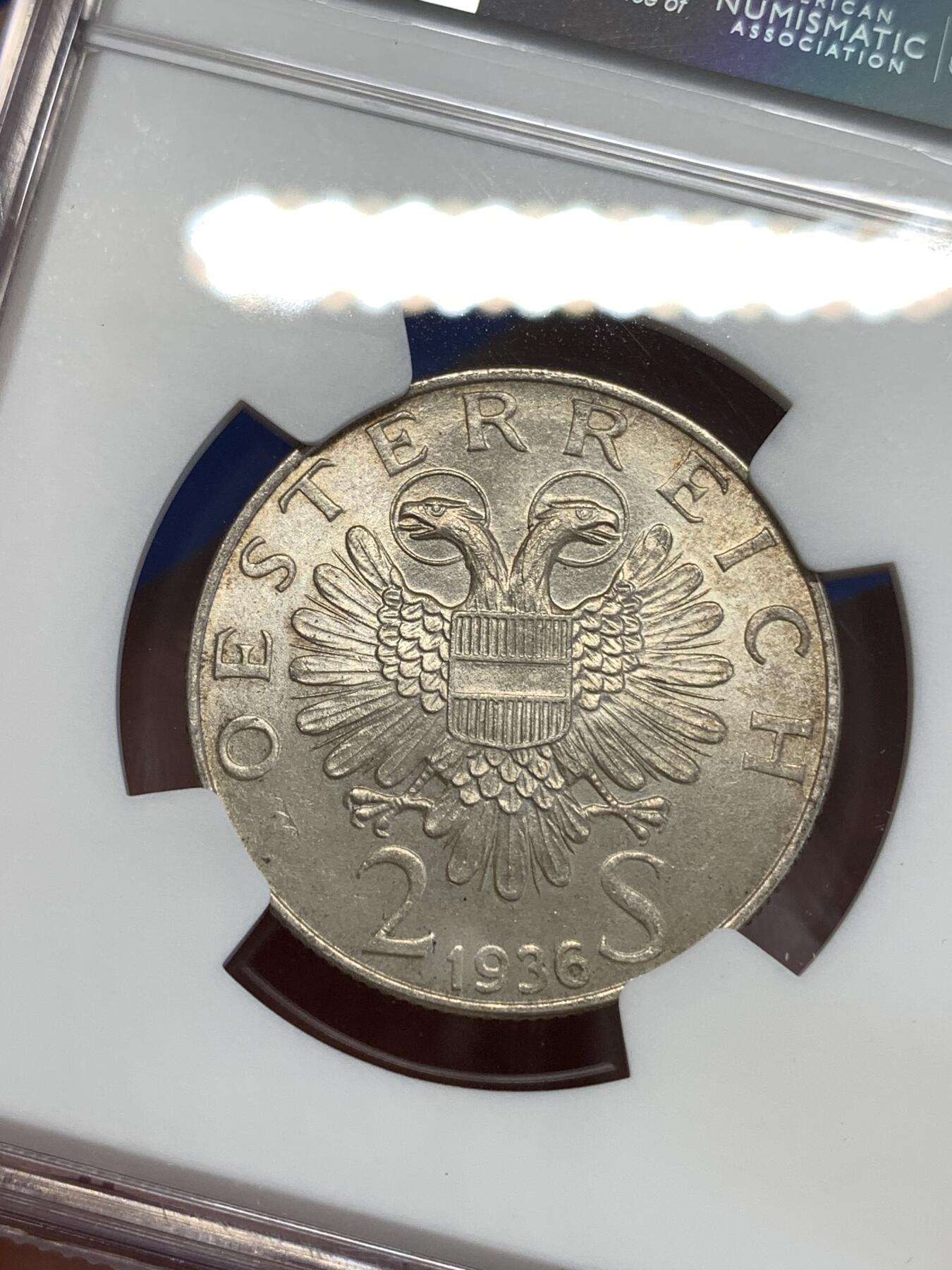 《竞宝斋》第294场- 周日，周一  2场连拍 （全场包邮） NGC MS64 奥地利 1936年 欧根亲王 2先令 银币