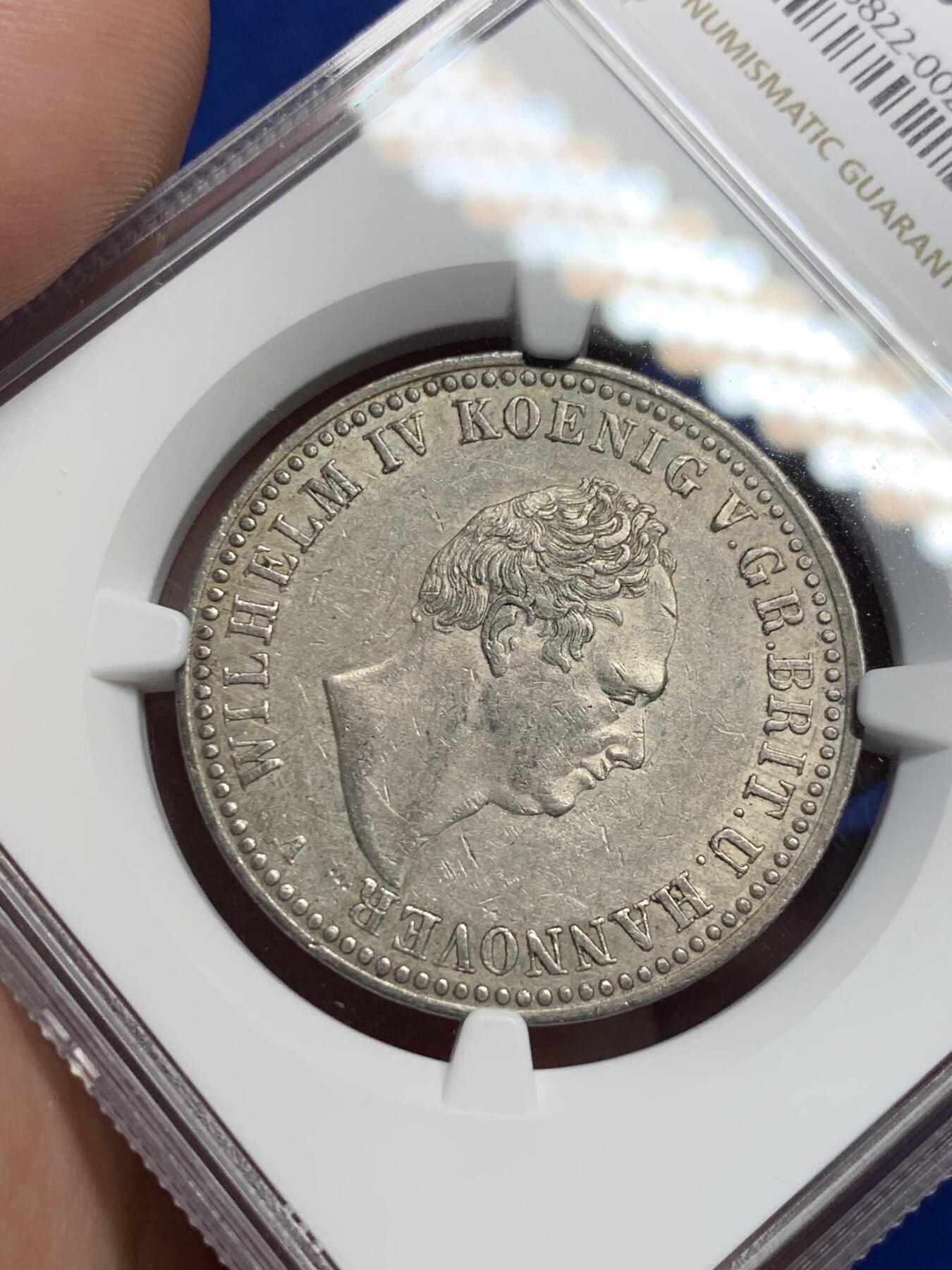 《竞宝斋》第294场- 周日，周一  2场连拍 （全场包邮） NGC AU55 德国汉诺威1837年威廉四世1泰勒 银币  汉诺威王朝 英国国王兼汉诺威国王