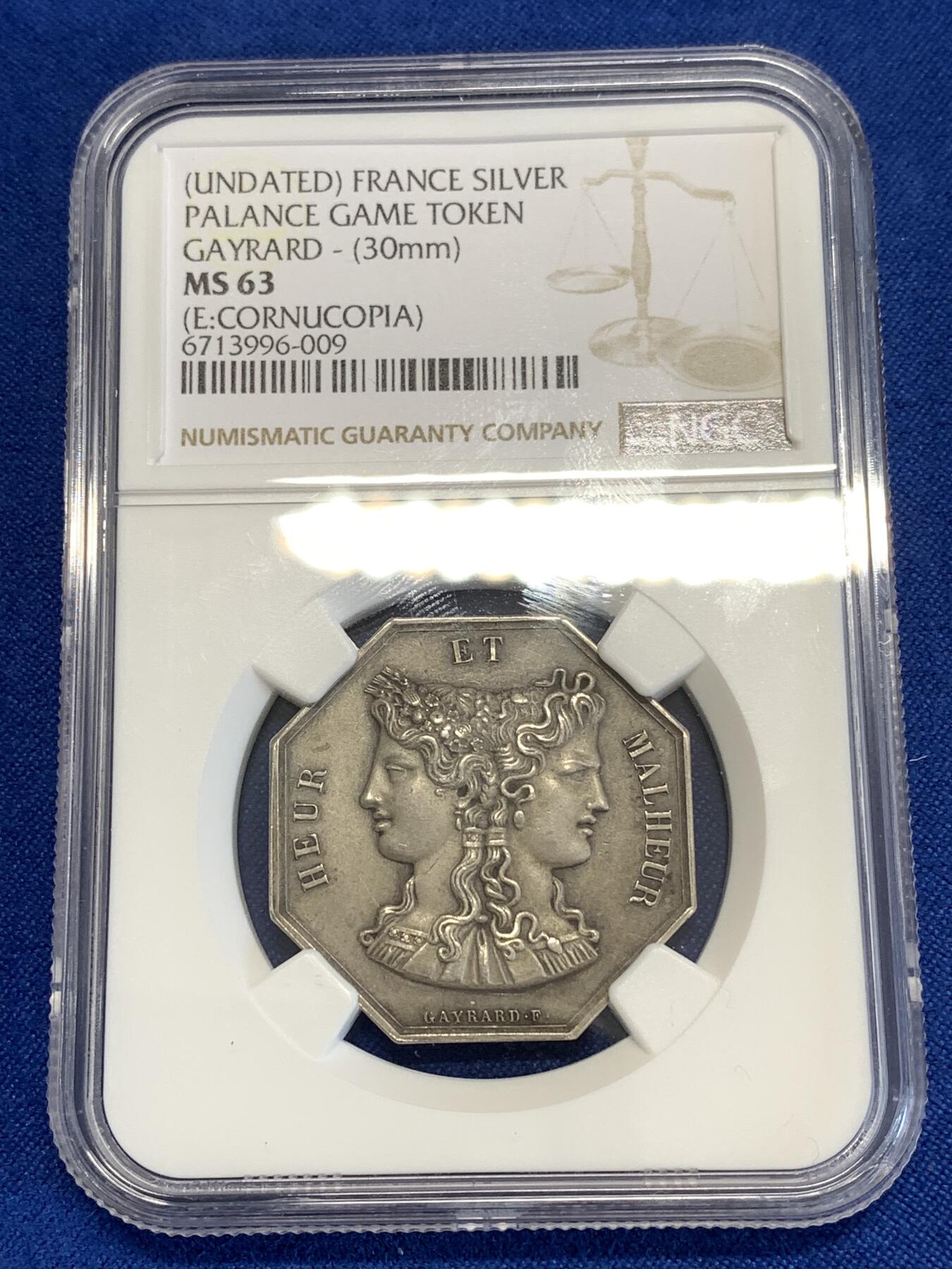 《竞宝斋》第294场- 周日，周一  2场连拍 （全场包邮） NGC MS63 法国双面神系列赌博游戏八角银质代币 铭文：旅程越奇幻，她就越快乐。直径30mm，重13.64克