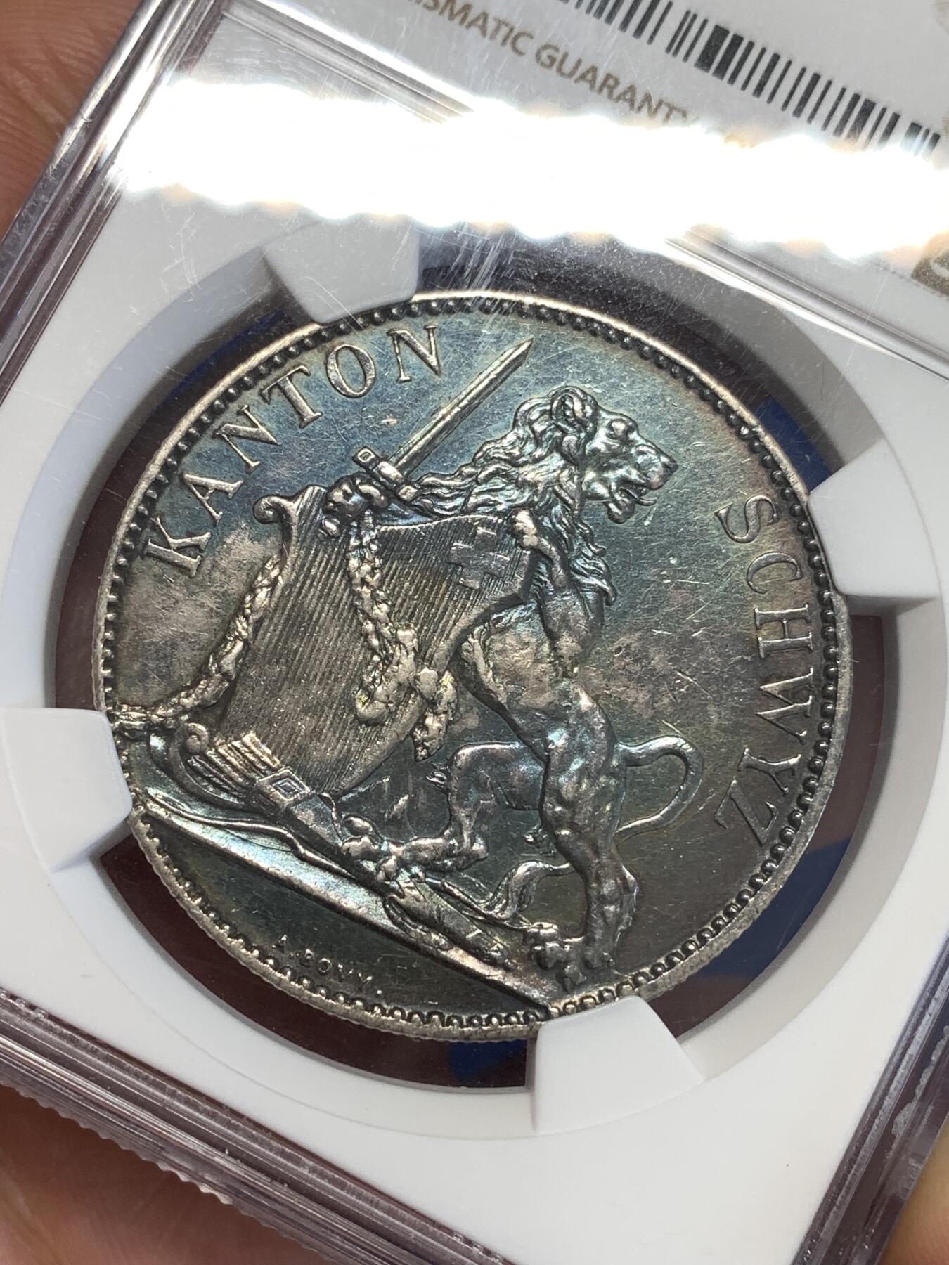 《竞宝斋》第294场- 周日，周一  2场连拍 （全场包邮） NGC AUD 瑞士 1867 施维茨射击节 5法郎 银币 发行量8000枚