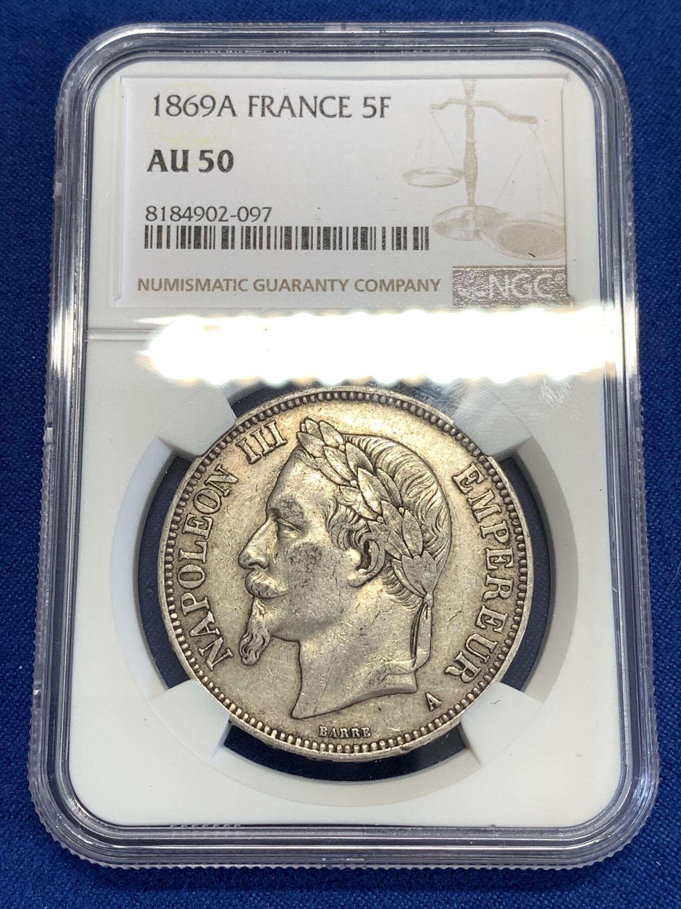 《竞宝斋》第294场- 周日，周一  2场连拍 （全场包邮） NGC AU50 法国1869年A版拿破仑三世5法郎银币