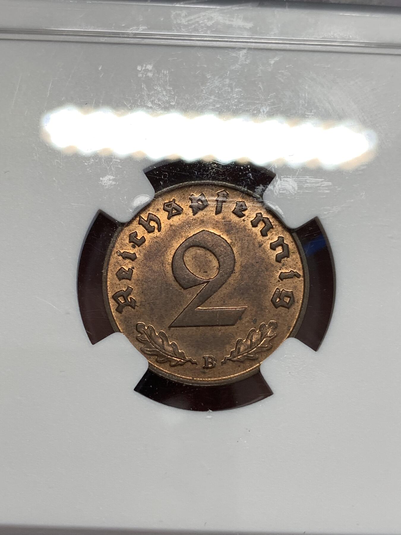 《竞宝斋》第294场- 周日，周一  2场连拍 （全场包邮） NGC MS63RB 1939B德意志第三帝国2芬尼铜币