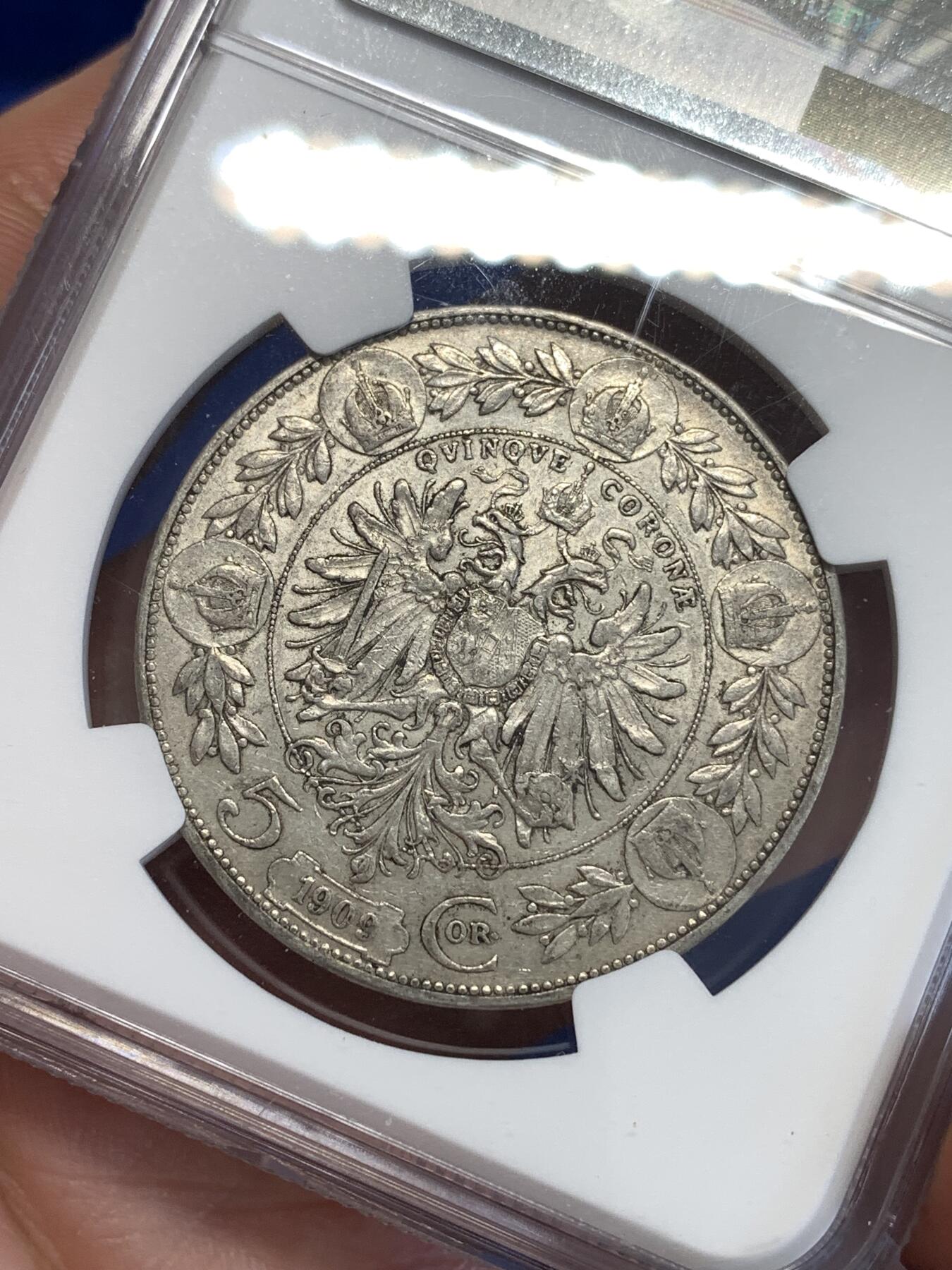 《竞宝斋》第294场- 周日，周一  2场连拍 （全场包邮） NGC AU53 奥地利1909年 费朗茨.约瑟夫一世 双头鹰 5克朗 银币