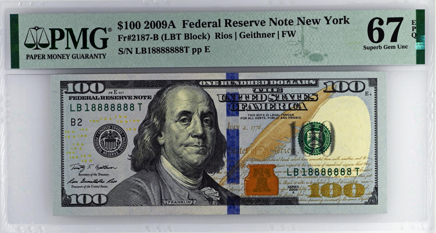 【Blue Auction】✨世界纸币精拍第520期【精】  【靓号18888888近全同8 倒置号 恐龙号少见】美国 2009年100美金 PMG67EPQ 高分 
